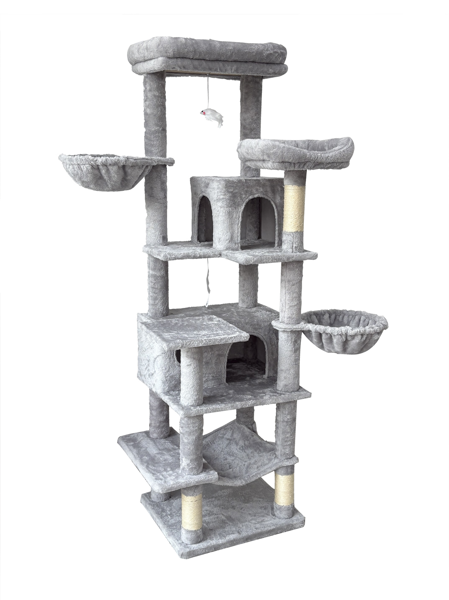 68-Inch Multi-Level Cat Tree with Hammocks and Scratching Posts - Light Gray