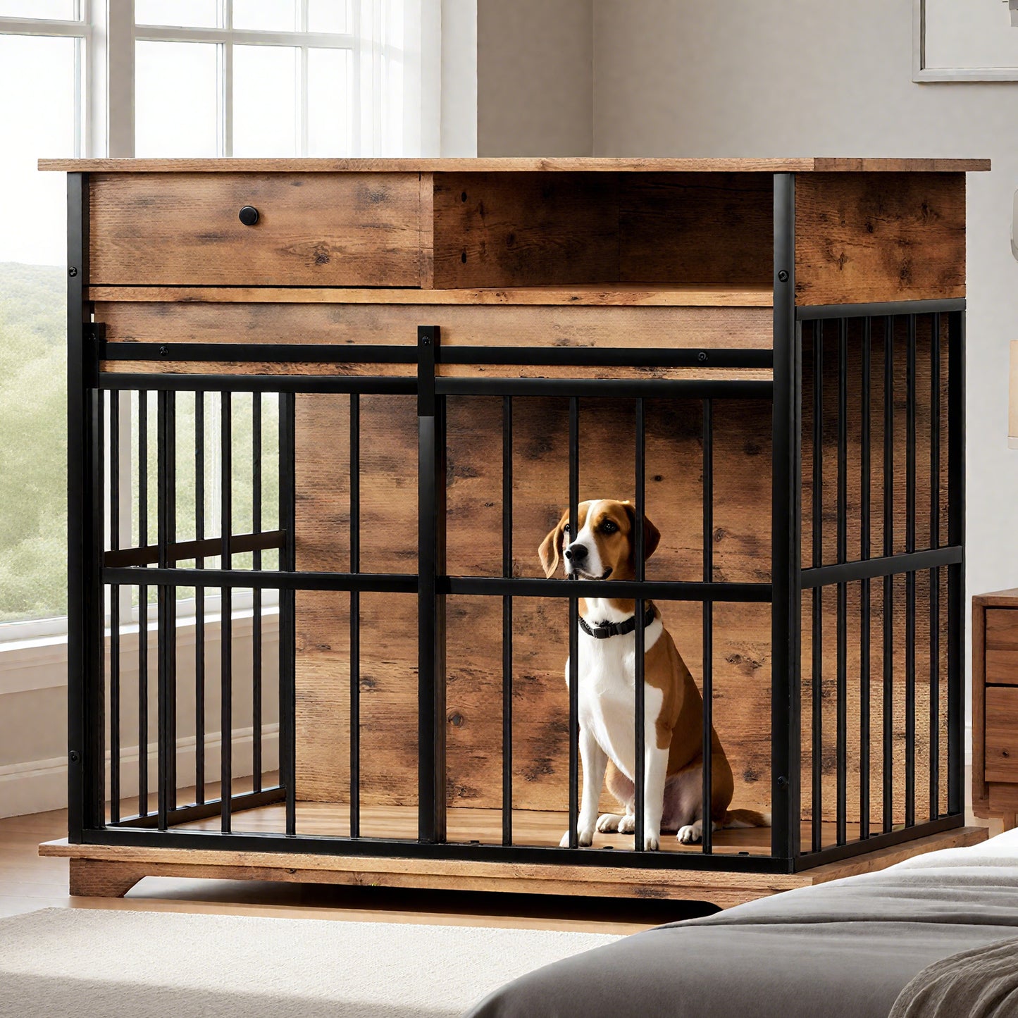 Wooden Dog Crate Furniture with Tray for Medium Large Dogs - Walnut Black