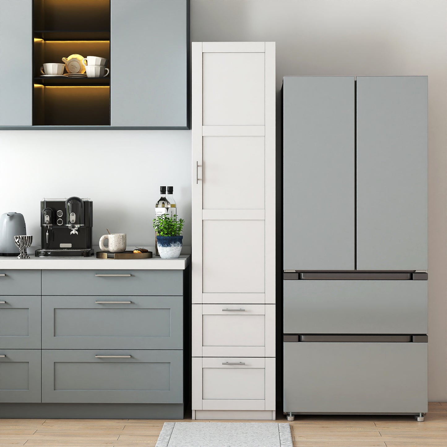 Tall Kitchen Pantry Cabinet with 1 Door & 2 Drawers - White