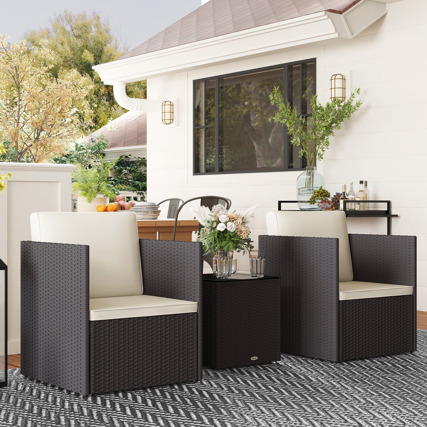 Folding Wicker Bistro Set - 3 Piece Patio Furniture with Cushions