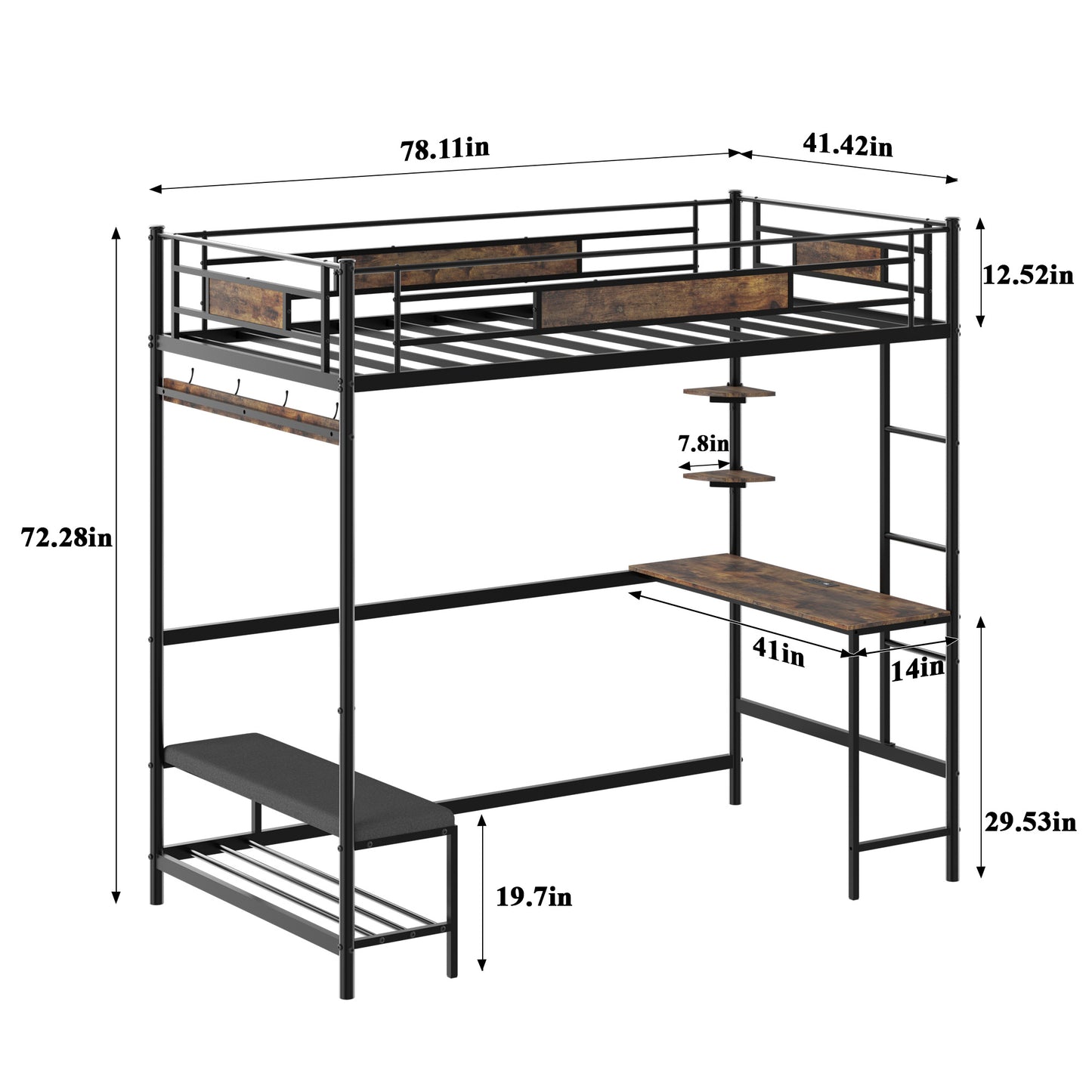 Loft Bed Frame with Desk & Storage - Twin Metal Design