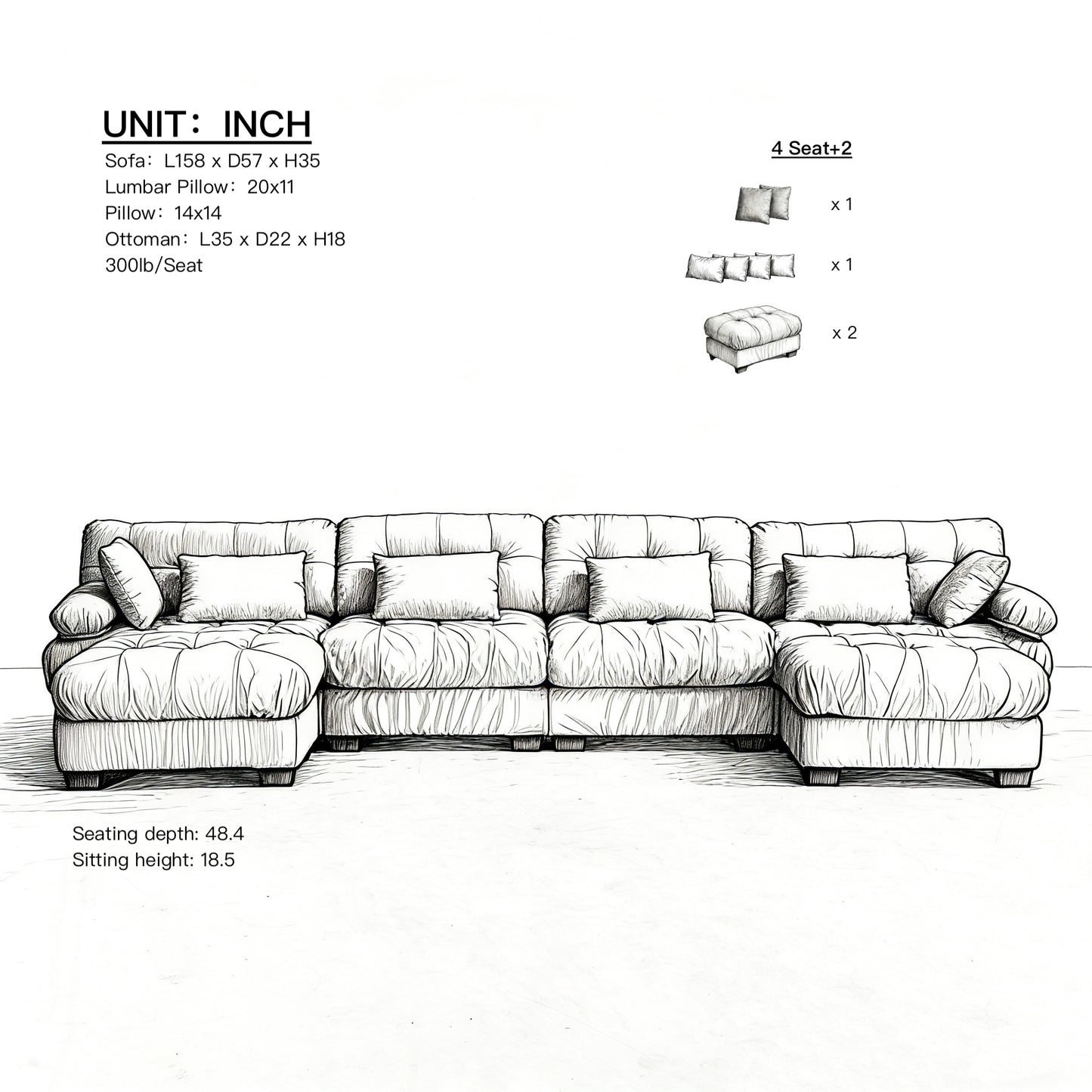 U Shaped Modular Sectional Sofa - Comfy Cloud Couch with 6 Pillows