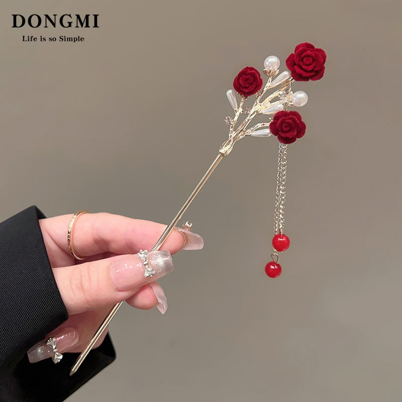 Vintage Floral Hair Stick with Red Flowers and Gold Leaves - Women’s Hair Accessory