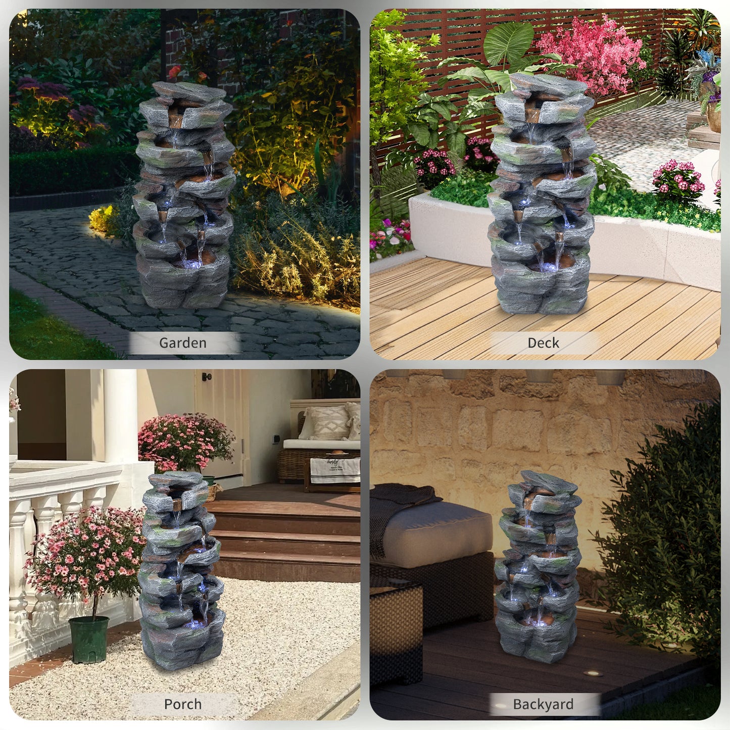 Outdoor Rock Waterfall Fountain with LED Lights for Garden Patio Lawn