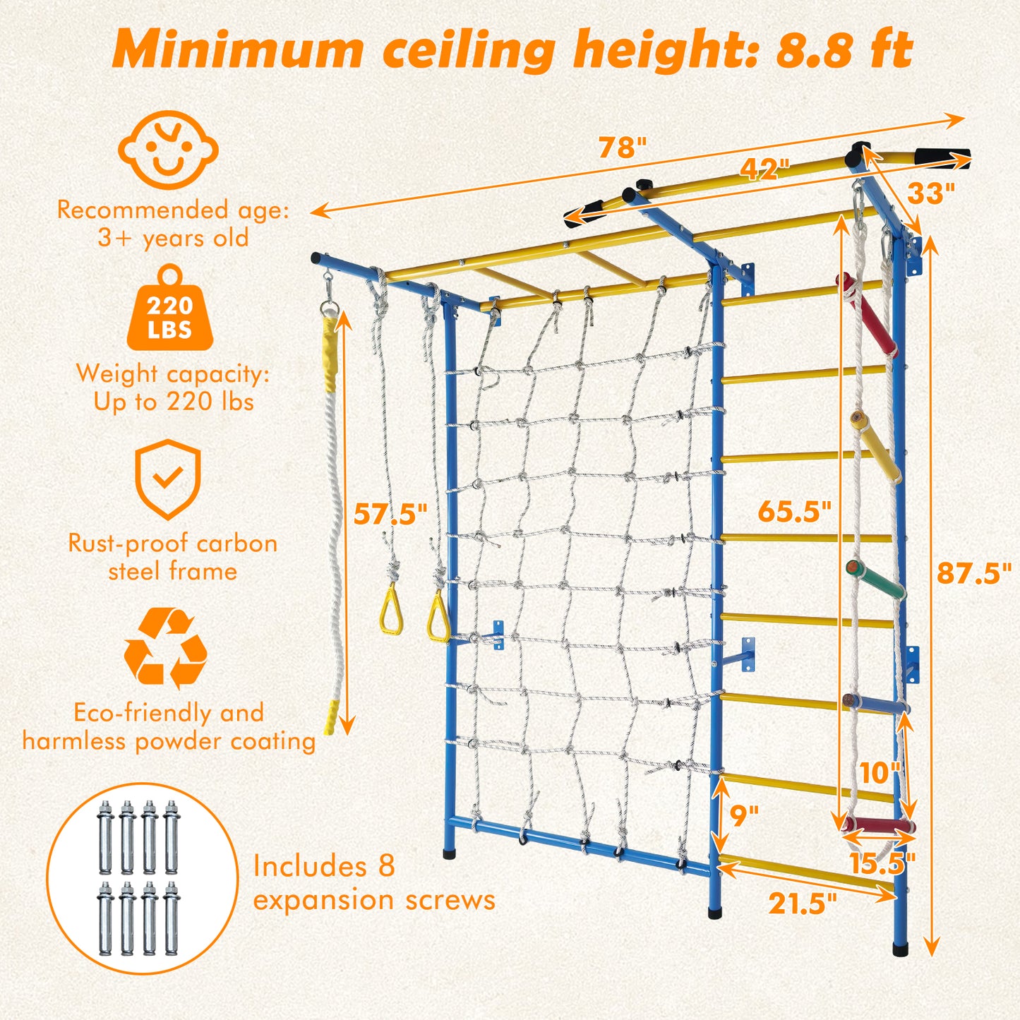 7-in-1 Indoor Playground Wall Gym with Monkey Bars & Gymnastic Rings