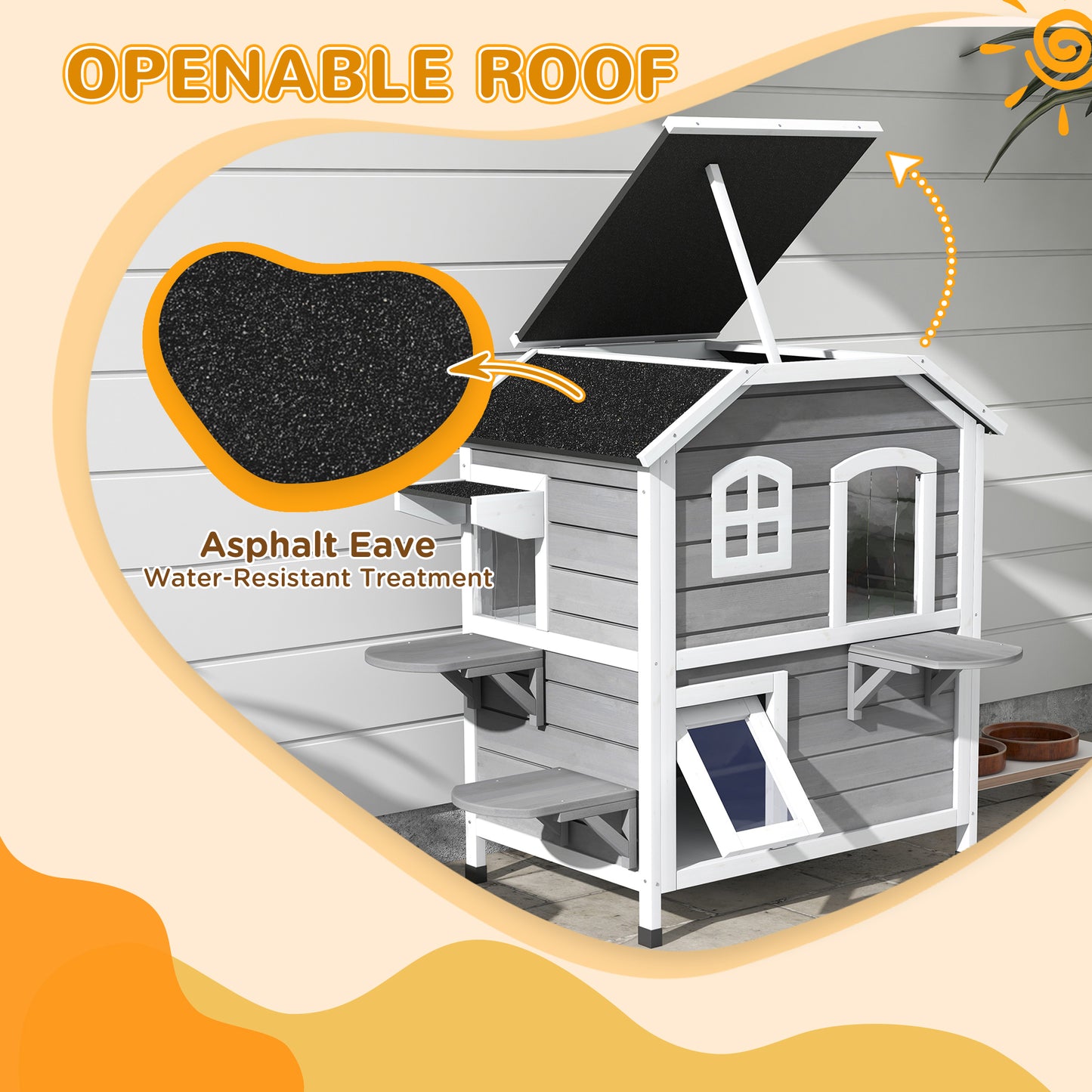 Outdoor Wooden Cat House with Escape Door & Openable Roof - Weatherproof Feral Cat Enclosure Gray