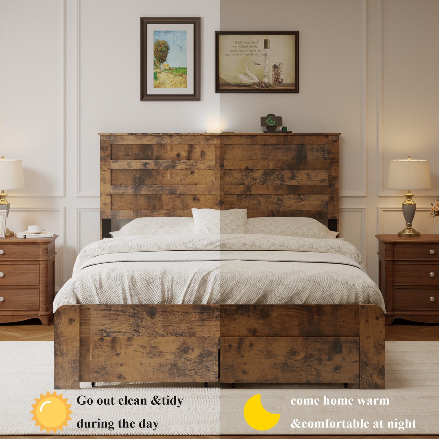 Queen Platform Bed Frame with LED Headboard, USB Charger & Drawers - Dark Brown