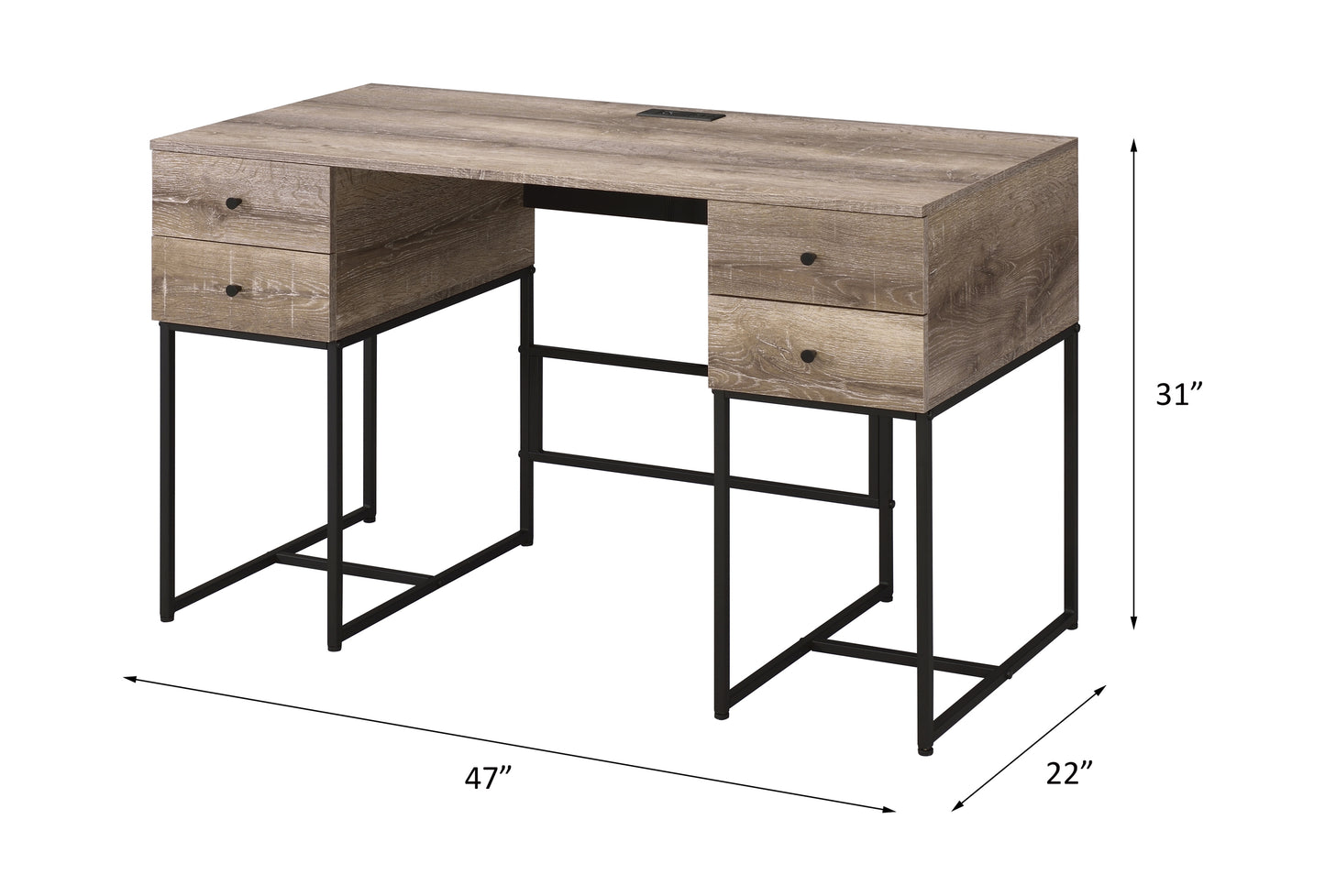 Rustic Oak & Black Writing Desk with USB Port - 47"