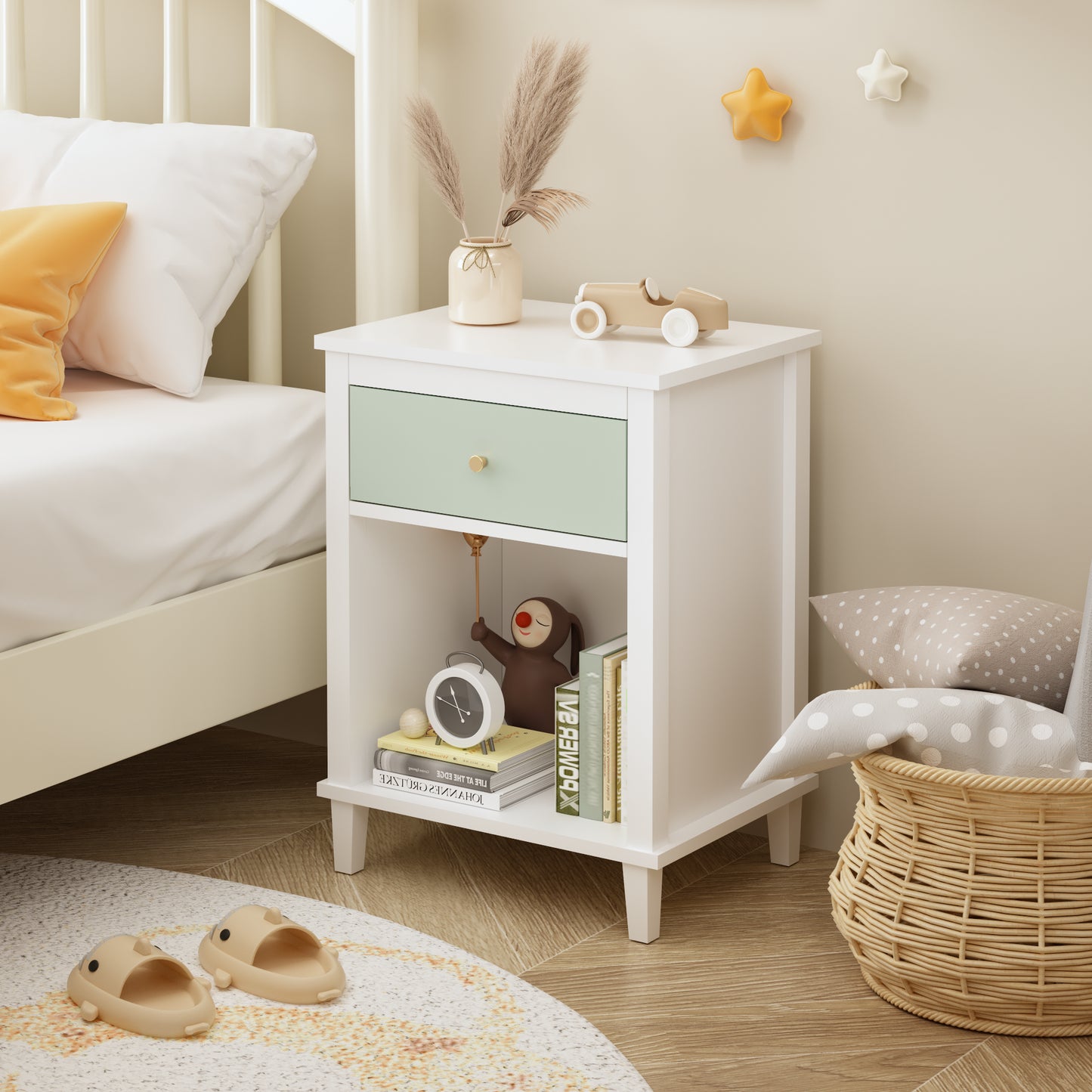 Wooden Nightstand with Drawer and Shelf - White & Green