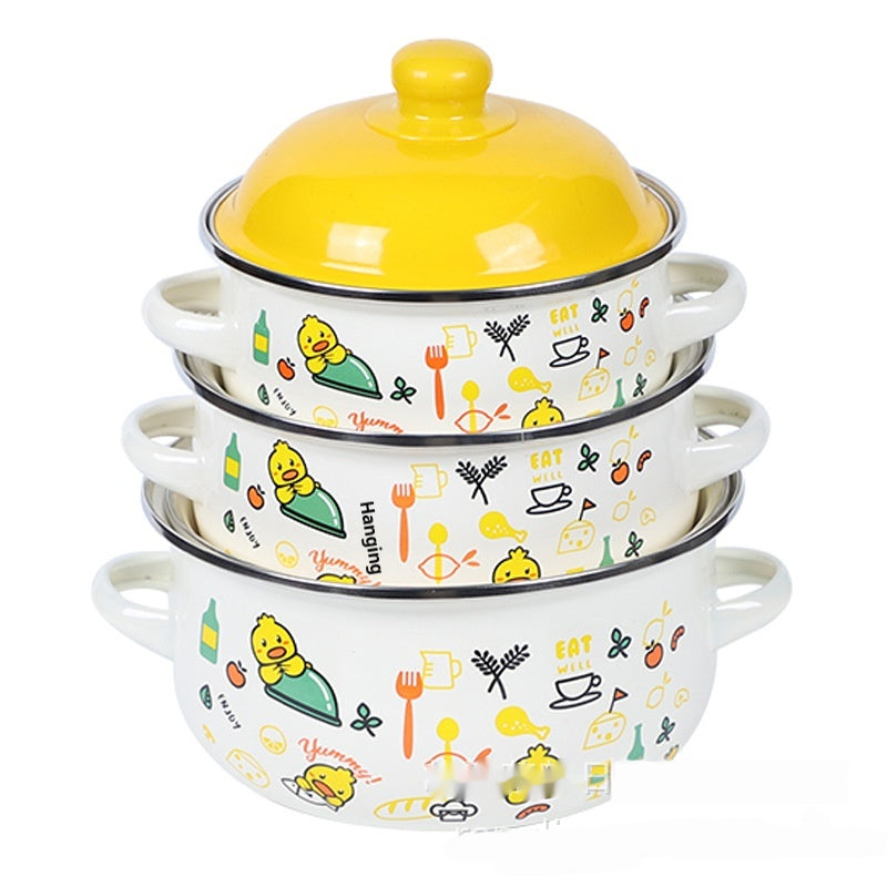 Double-Handled Enameled Noodle Bowl with Lid & Heat-Resistant Oil Can - Multi-Color Set