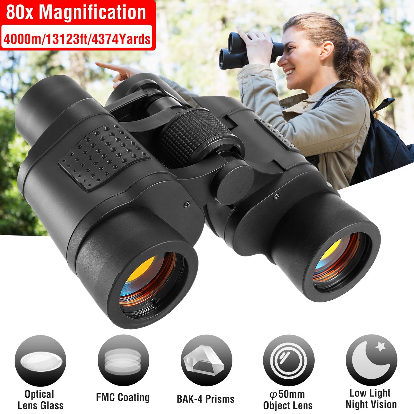 Portable HD Binoculars with Low Light Night Vision - Black