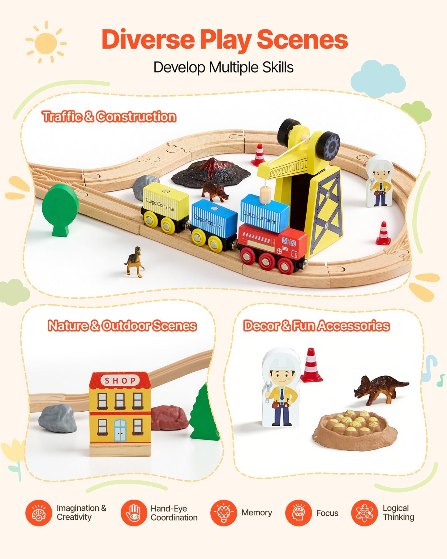 Wooden Train Set with Magnetic Crane and Accessories - Kids Construction Toy