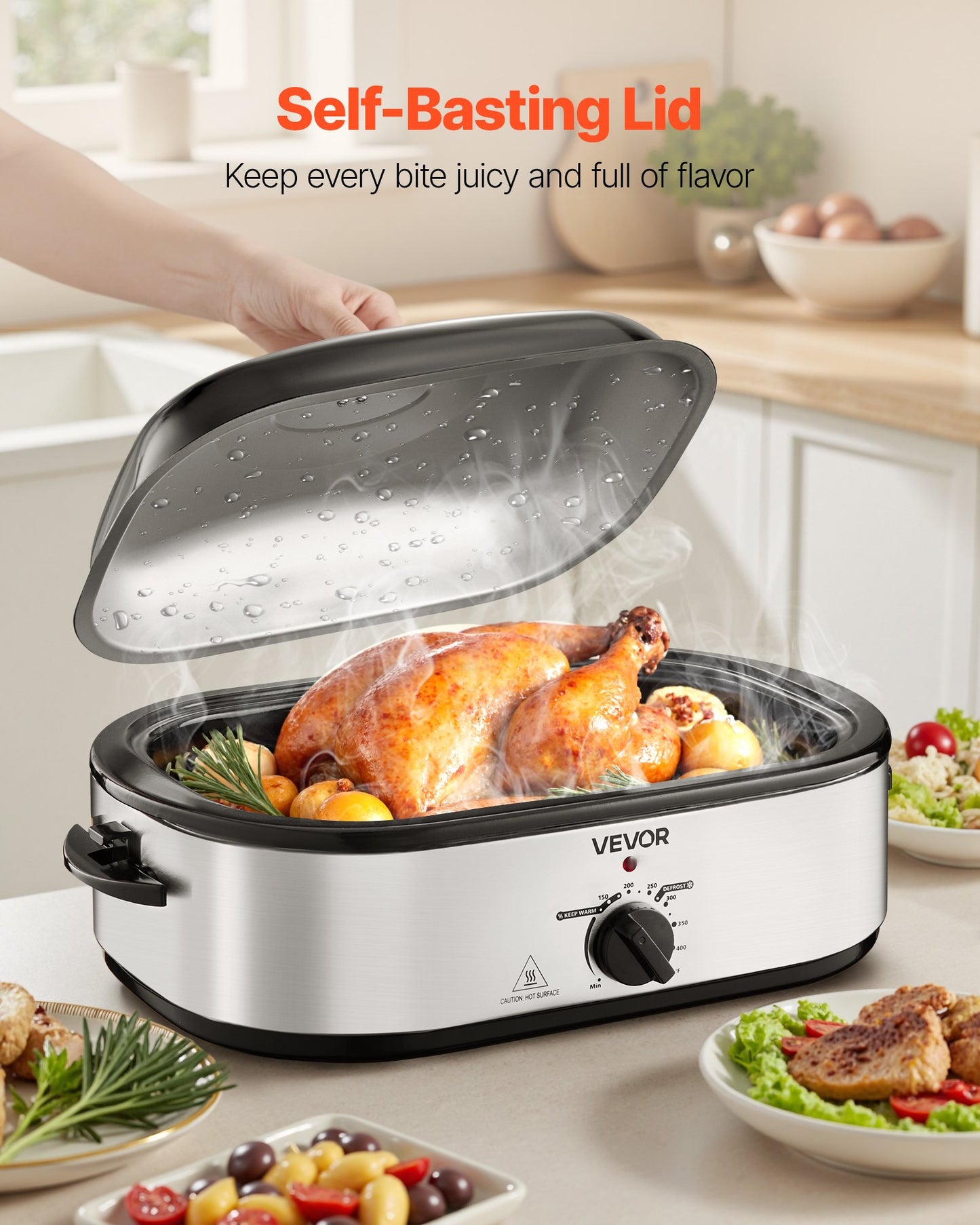 14QT Electric Roasting Pan with Self-Basting Lid - Silver Kitchen Oven