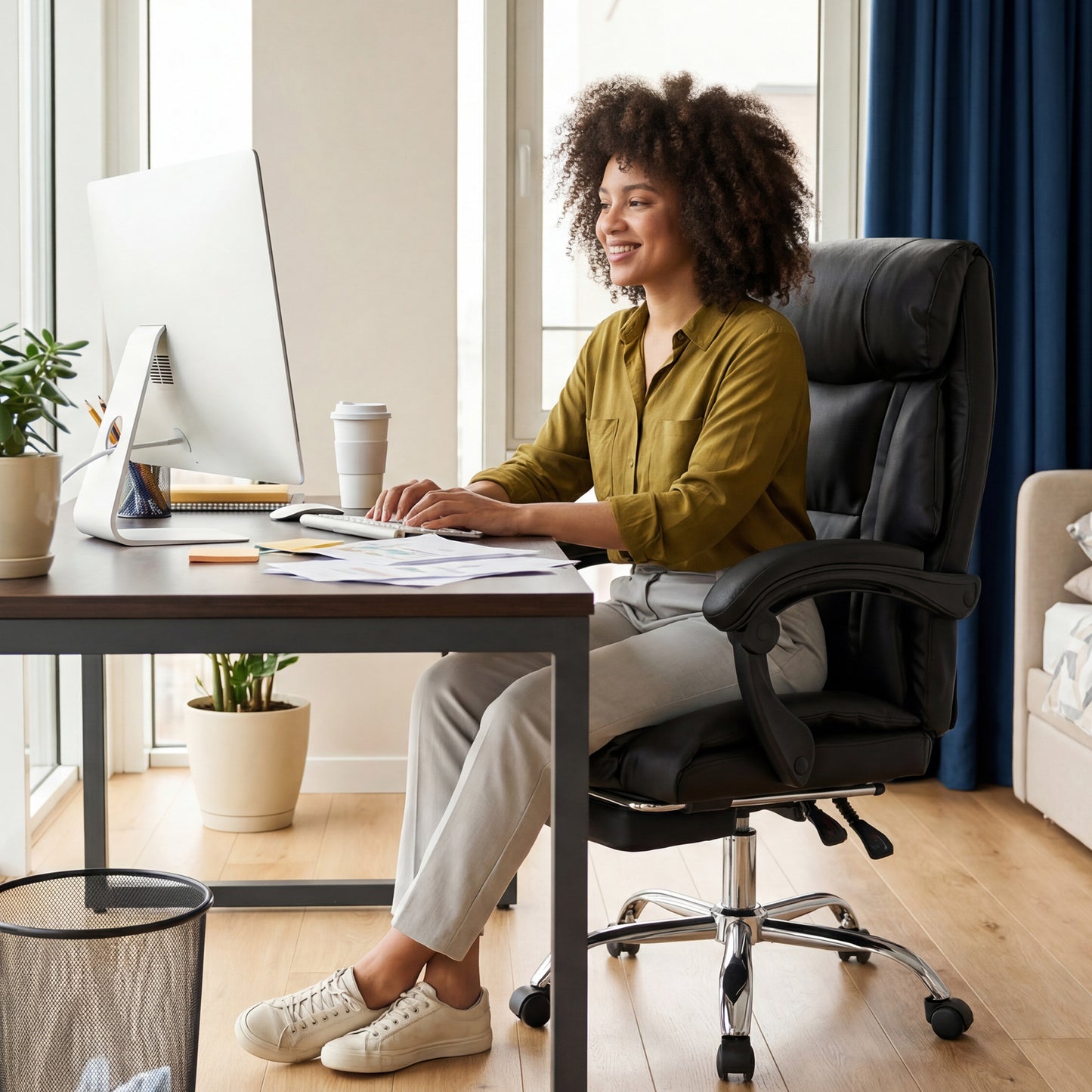 Adjustable Height Executive Office Chair with Foot Rest - Black