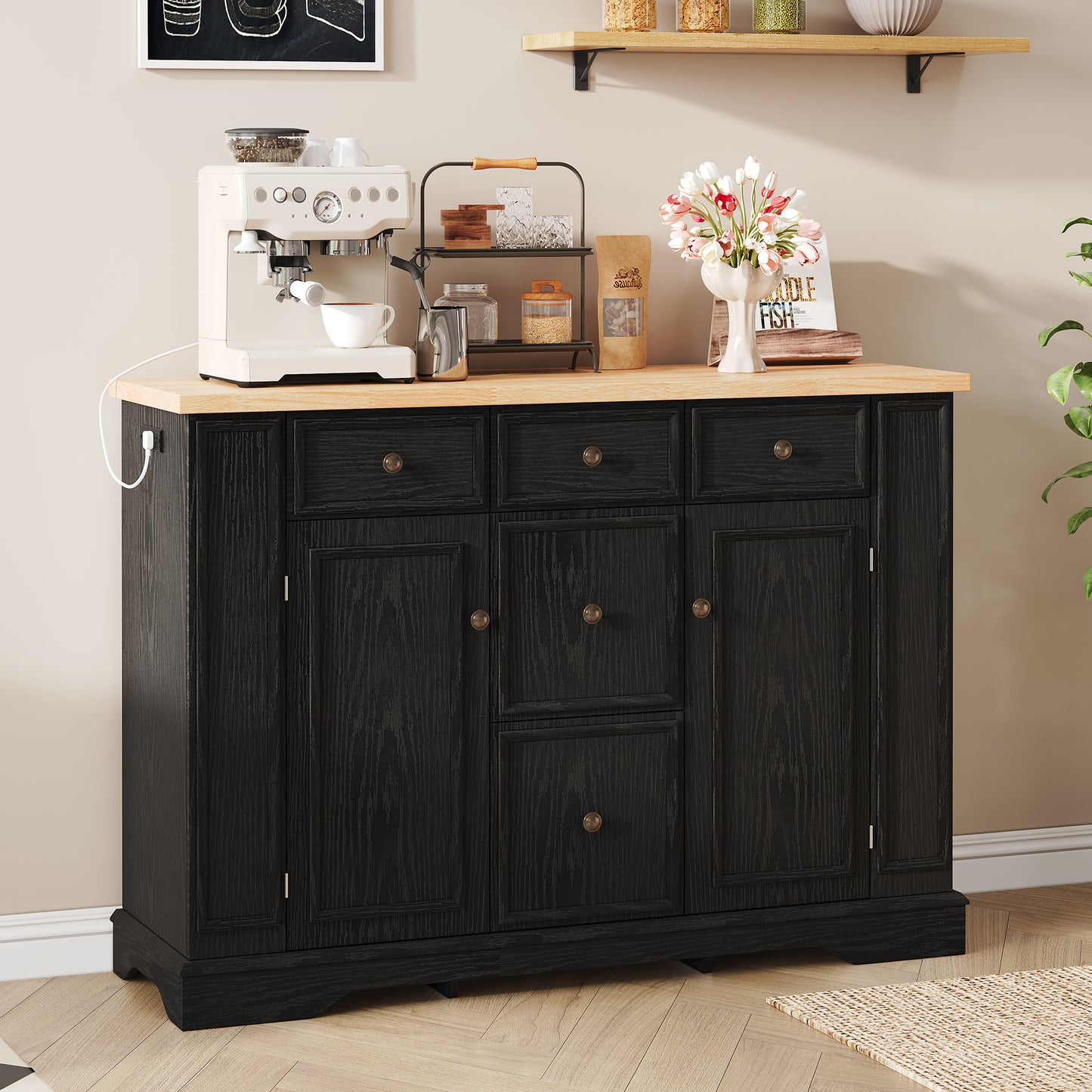 Buffet Cabinet with Storage - 5 Drawers, 2 Cabinets, Adjustable Shelves - Black