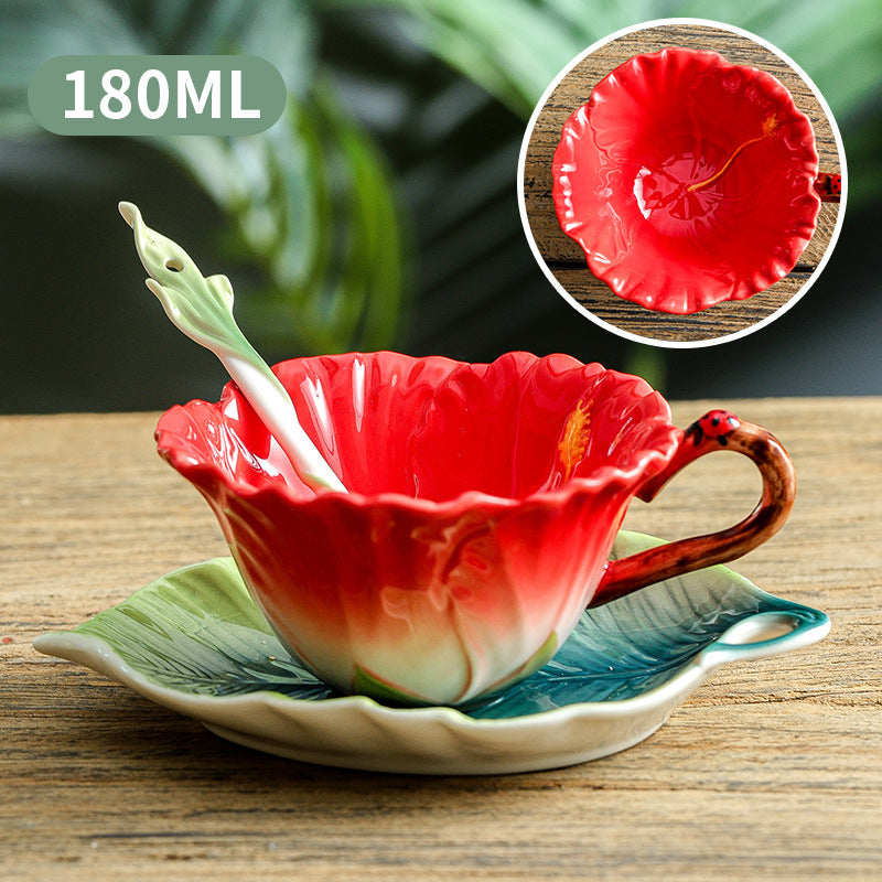 Handmade Enamel Ceramic Coffee Cup with Plate and Spoon - Latte Art Drinkware