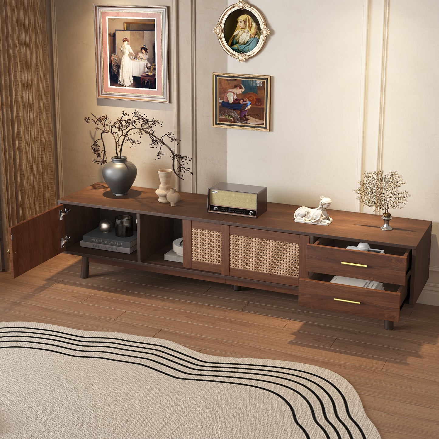 Mid Century Modern TV Stand for 80" TVs - Dark Brown Storage Center