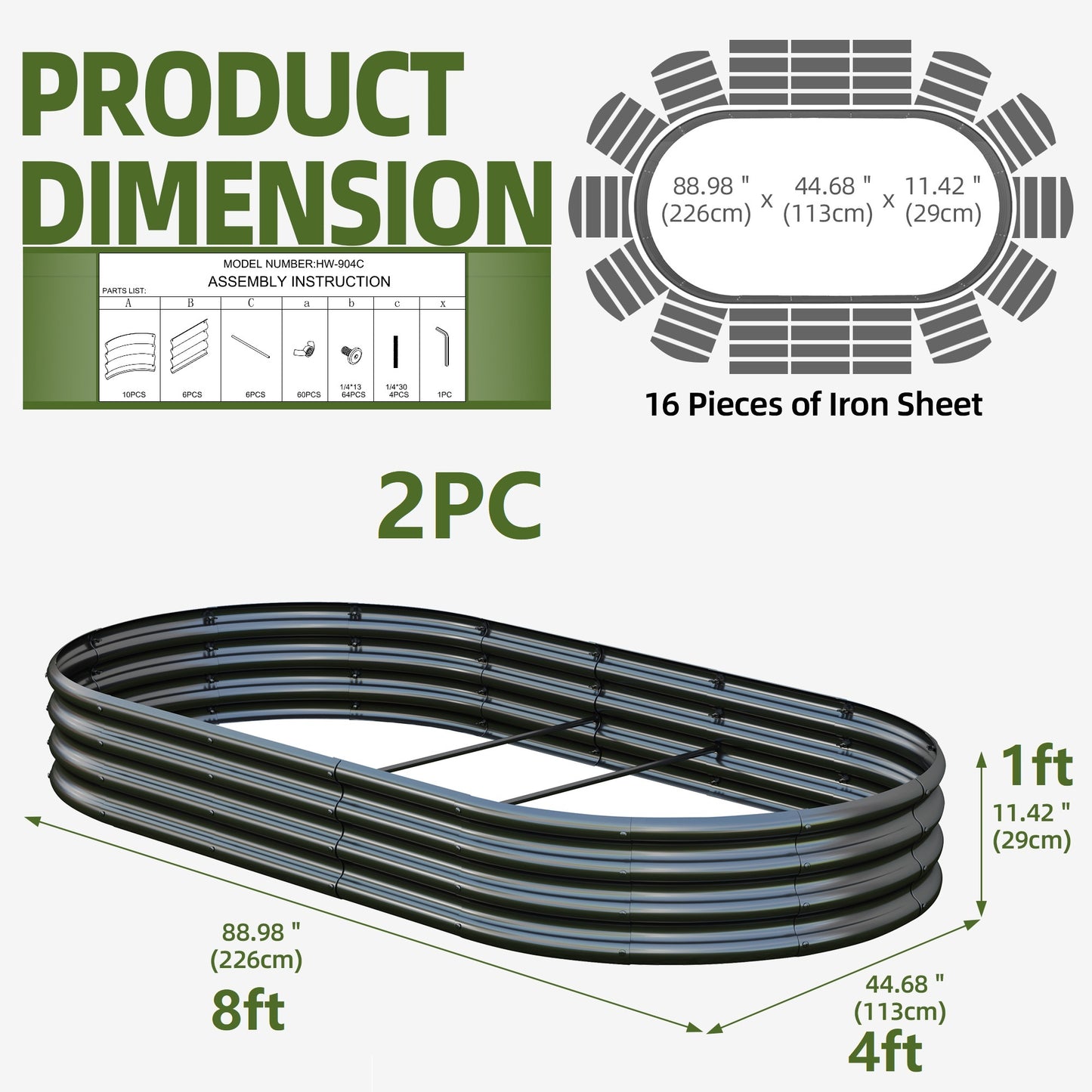 Heavy Duty Galvanized Raised Garden Bed 8x4x1ft - Black, 2PCS