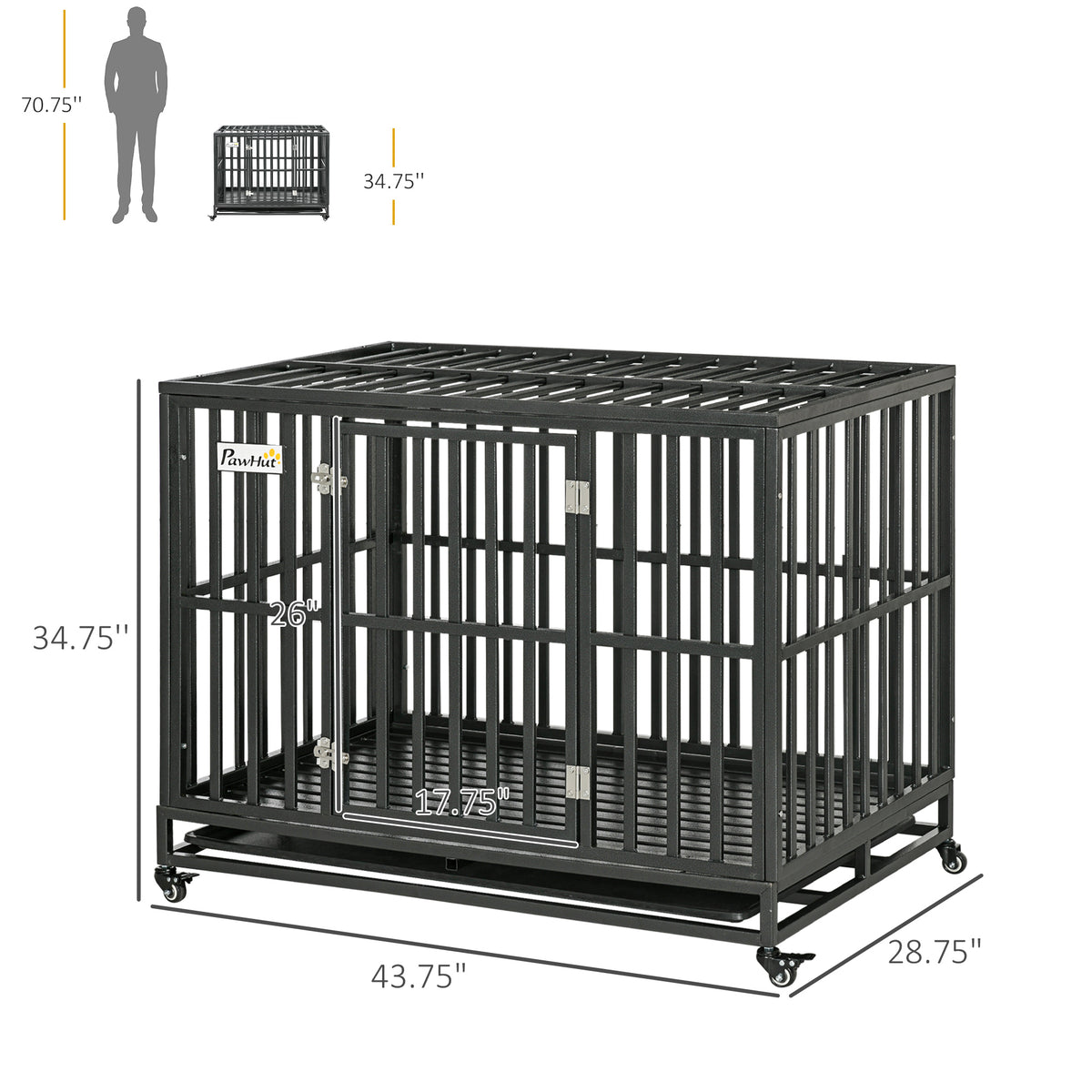 Heavy Duty Dog Crate with Wheels - 45 Inch Steel Kennel, Escape-Proof Black