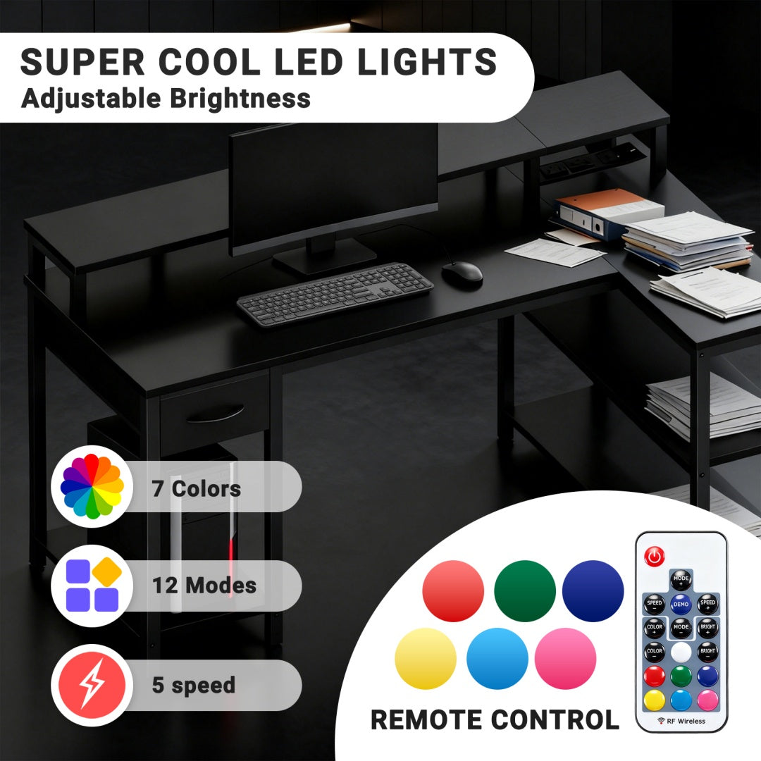 L-Shaped Gaming Table with USB Charging & LED Light