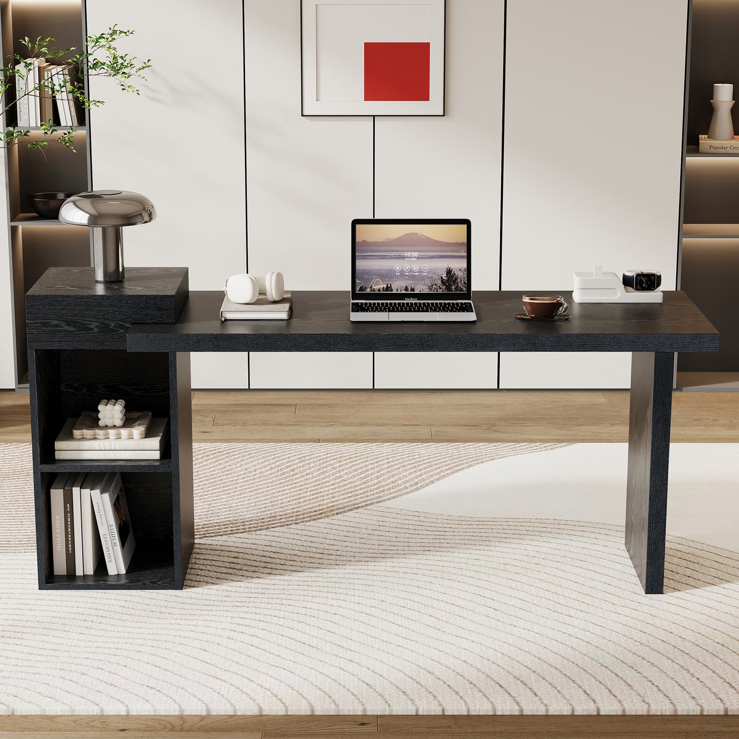 Black Wood Grain Sofa Side Table - 2-Tier Console Table