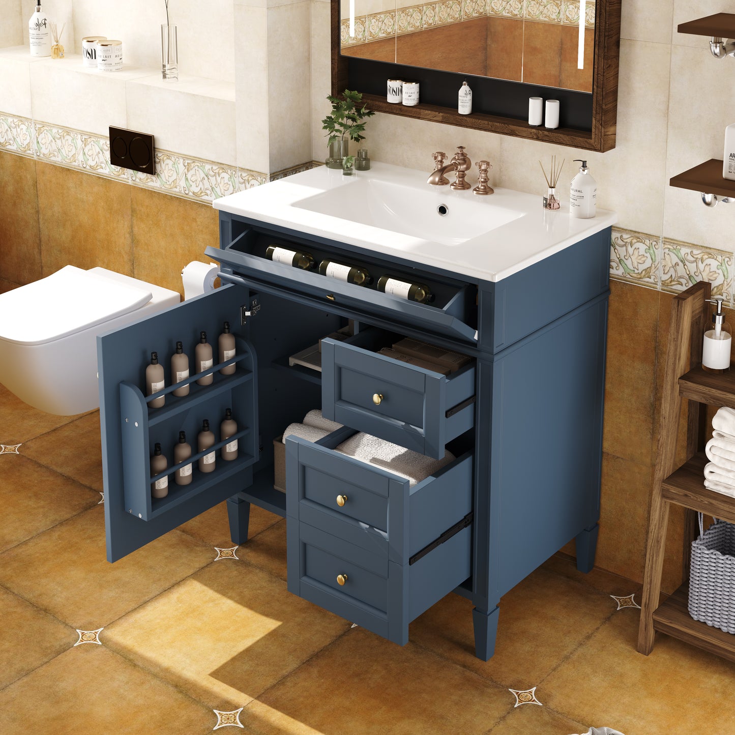 30'' Blue Modern Bathroom Vanity with Sink & Storage Cabinet