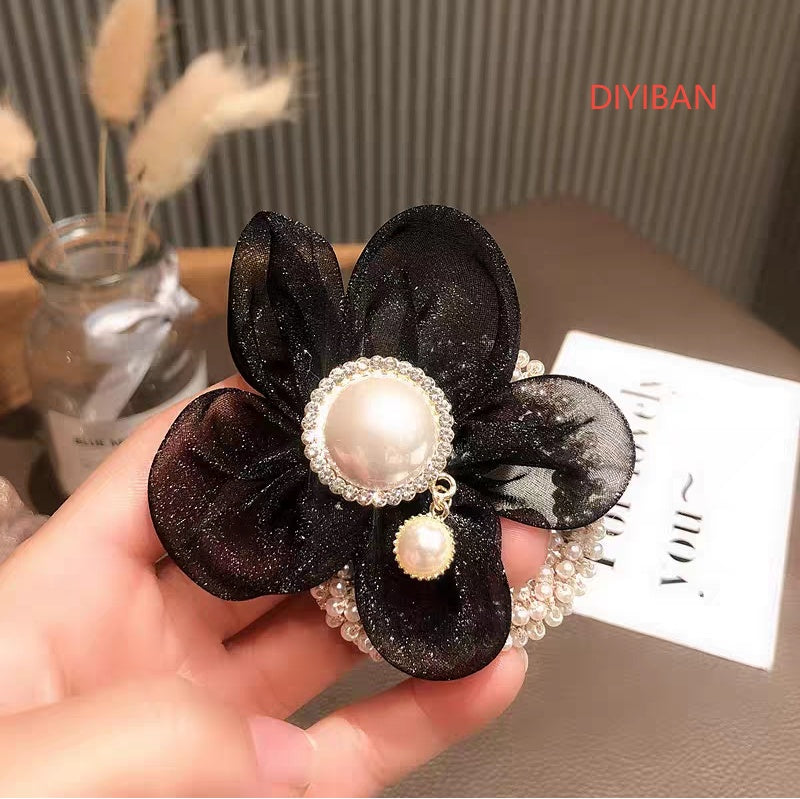 Delicate Pearl Flower Fabric Hair Scrunchie - Geometric Hair Tie