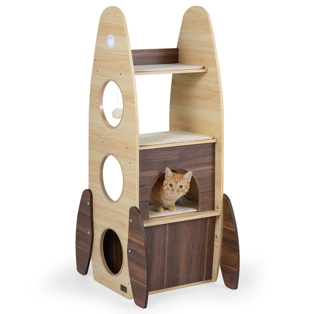 Large 47-Inch Wooden Cat Tree with Scratching Pad and Multi-Level Playhouse - Natural & White