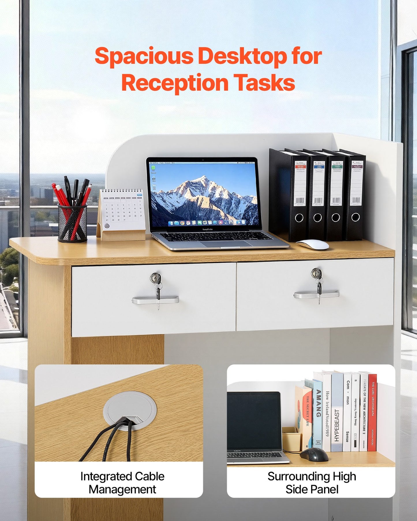 Reception Desk 31.5 Inch Modern Office Front Counter Table with LED Light and Storage - Black