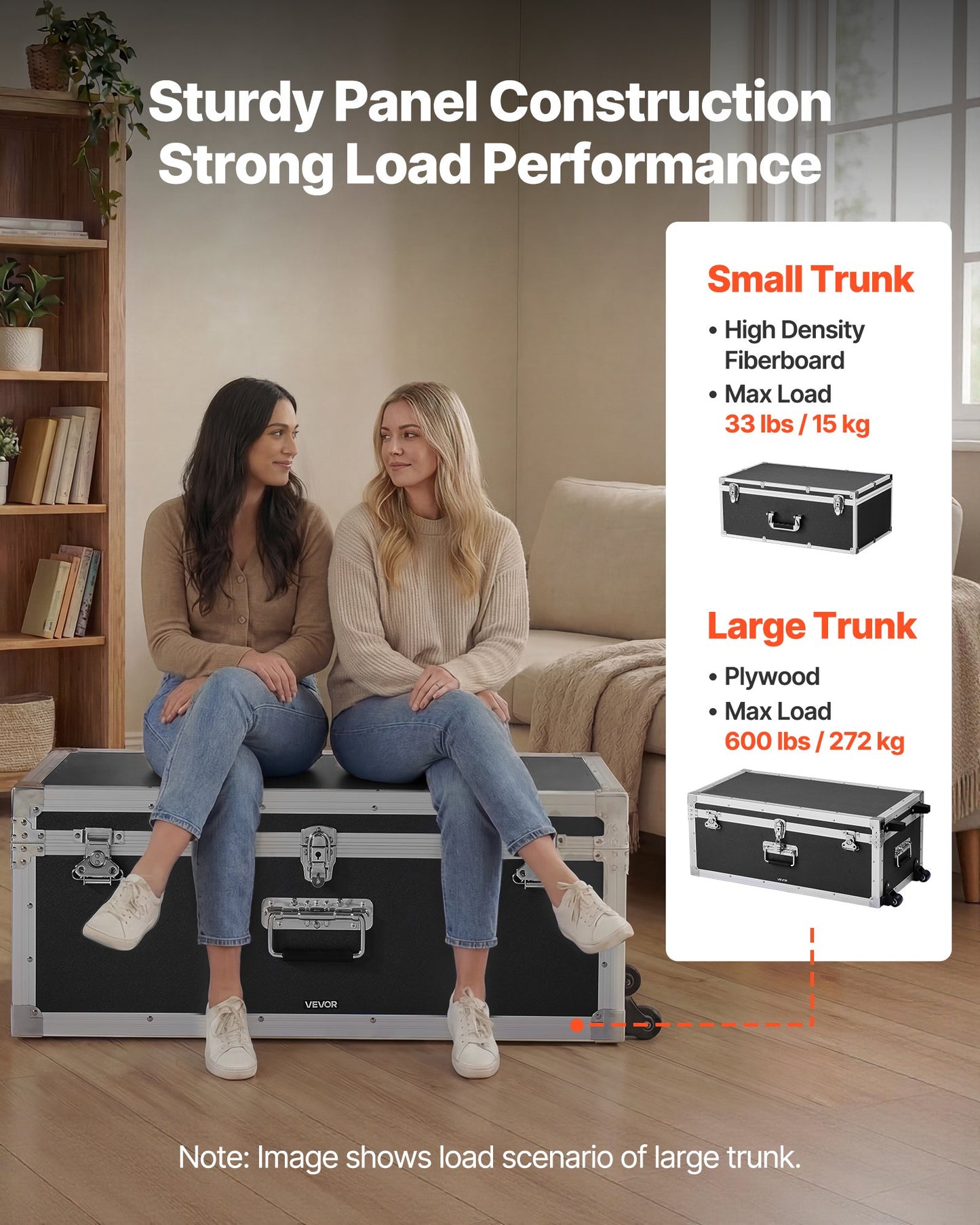 Metal Storage Trunk Set of 2 with Casters & Locking Lids - Large & Small Wooden Suitcases for Travel, Dorm, Home Black