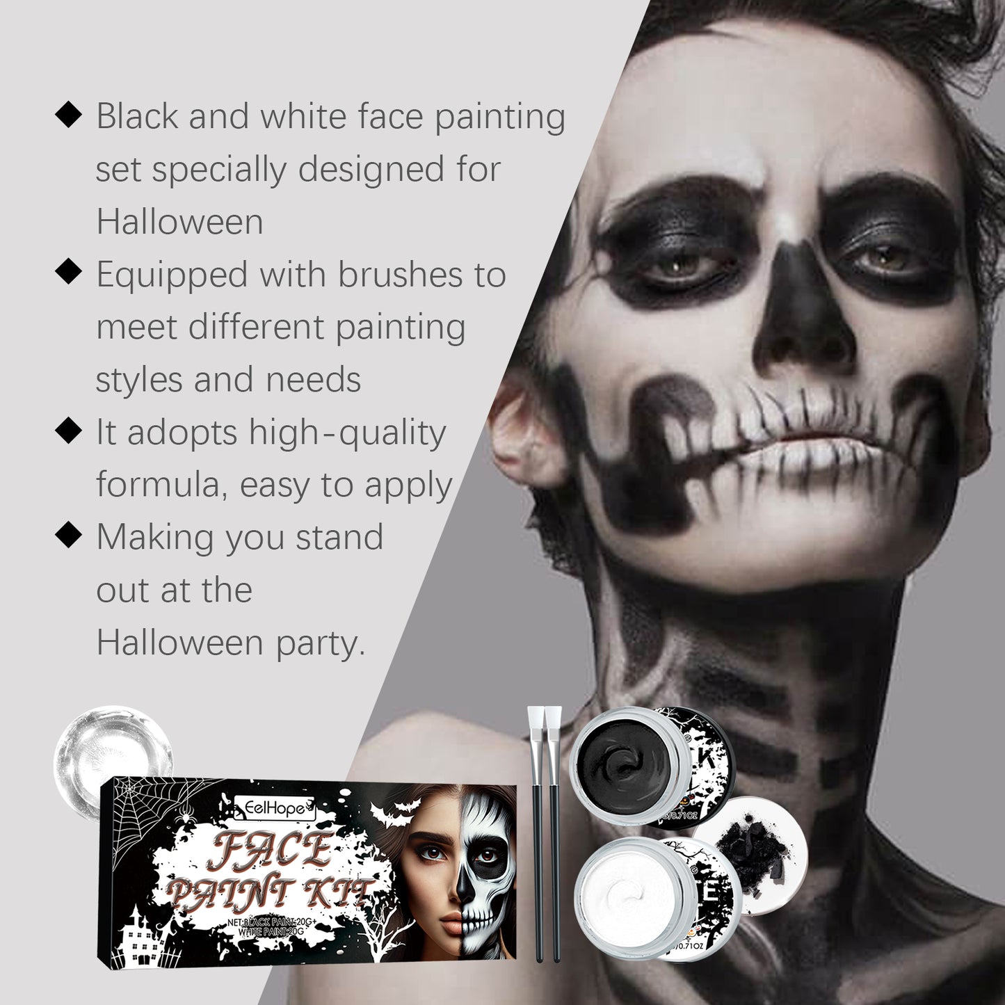 Black and White Face Paint Kit for Halloween Skeleton Cosplay Makeup