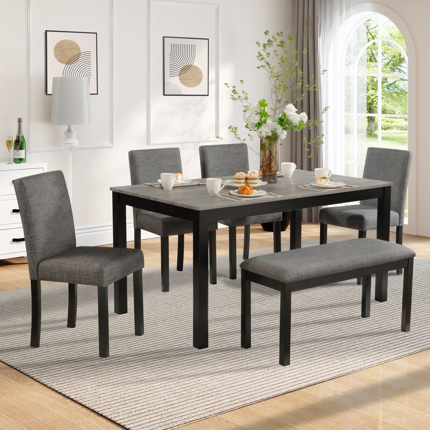 6-Piece Wooden Dining Table Set with Bench & Chairs - Light Grey & Black