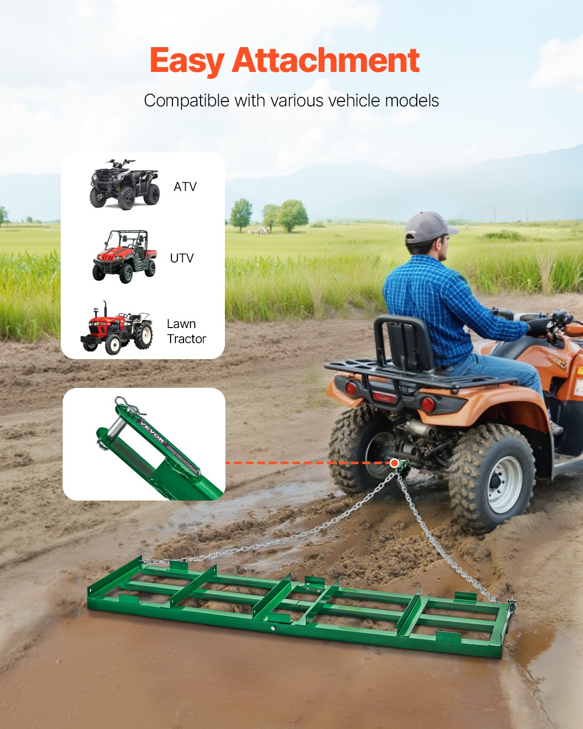 Heavy Duty 6 Ft Tow Behind Drag Harrow for Driveway & Lawn Grading