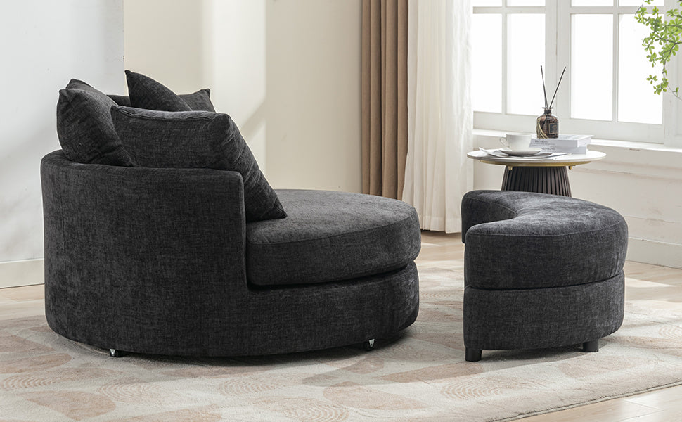 360° Swivel Accent Barrel Chair with Storage Ottoman & 4 Pillows - Gray