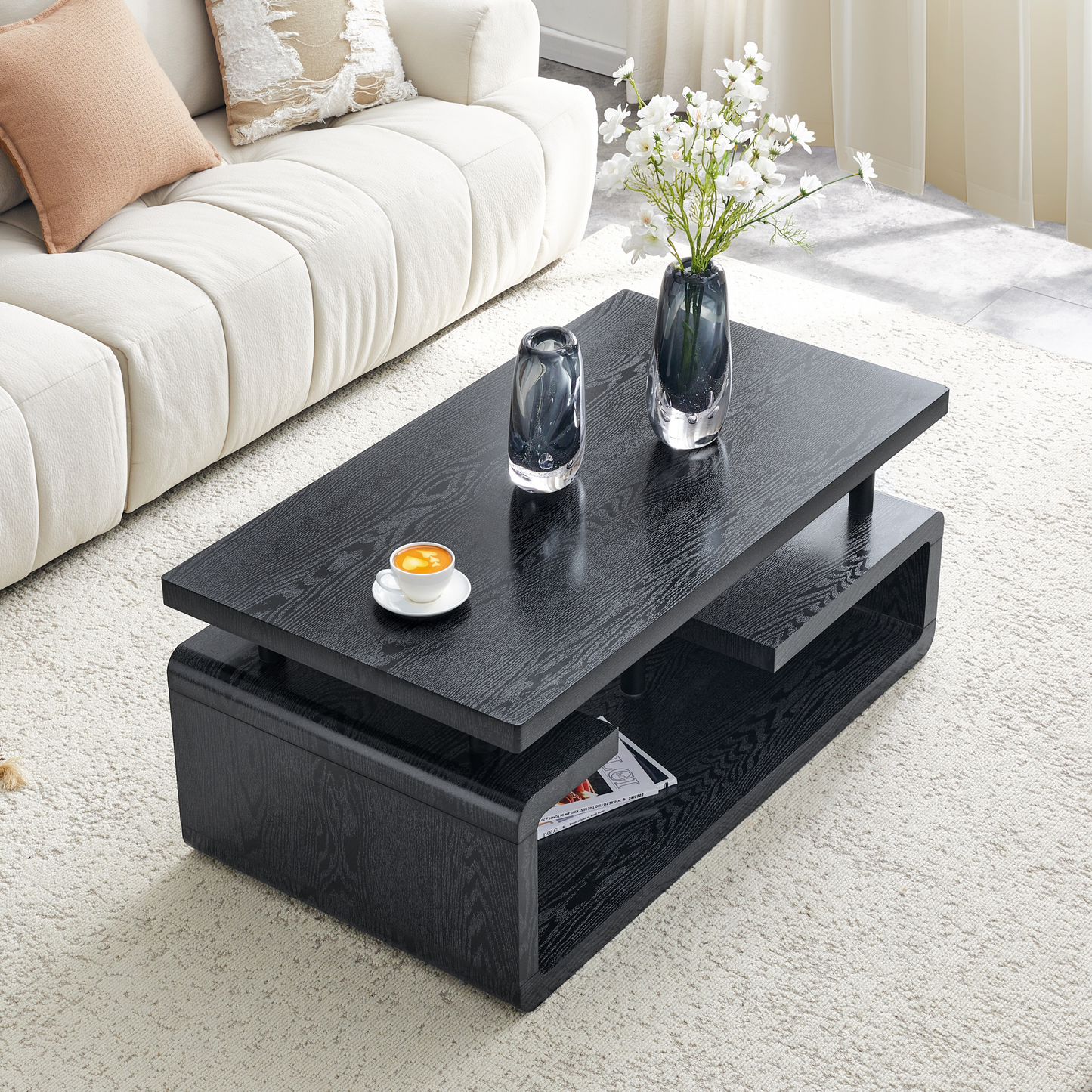 Three-Tier MDF Coffee Table With Black Wood Grain Finish, Modern