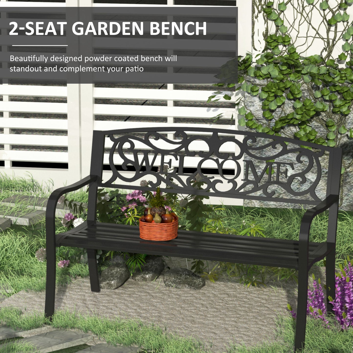 50" Outdoor Garden Bench Loveseat with Decorative Vines - Black