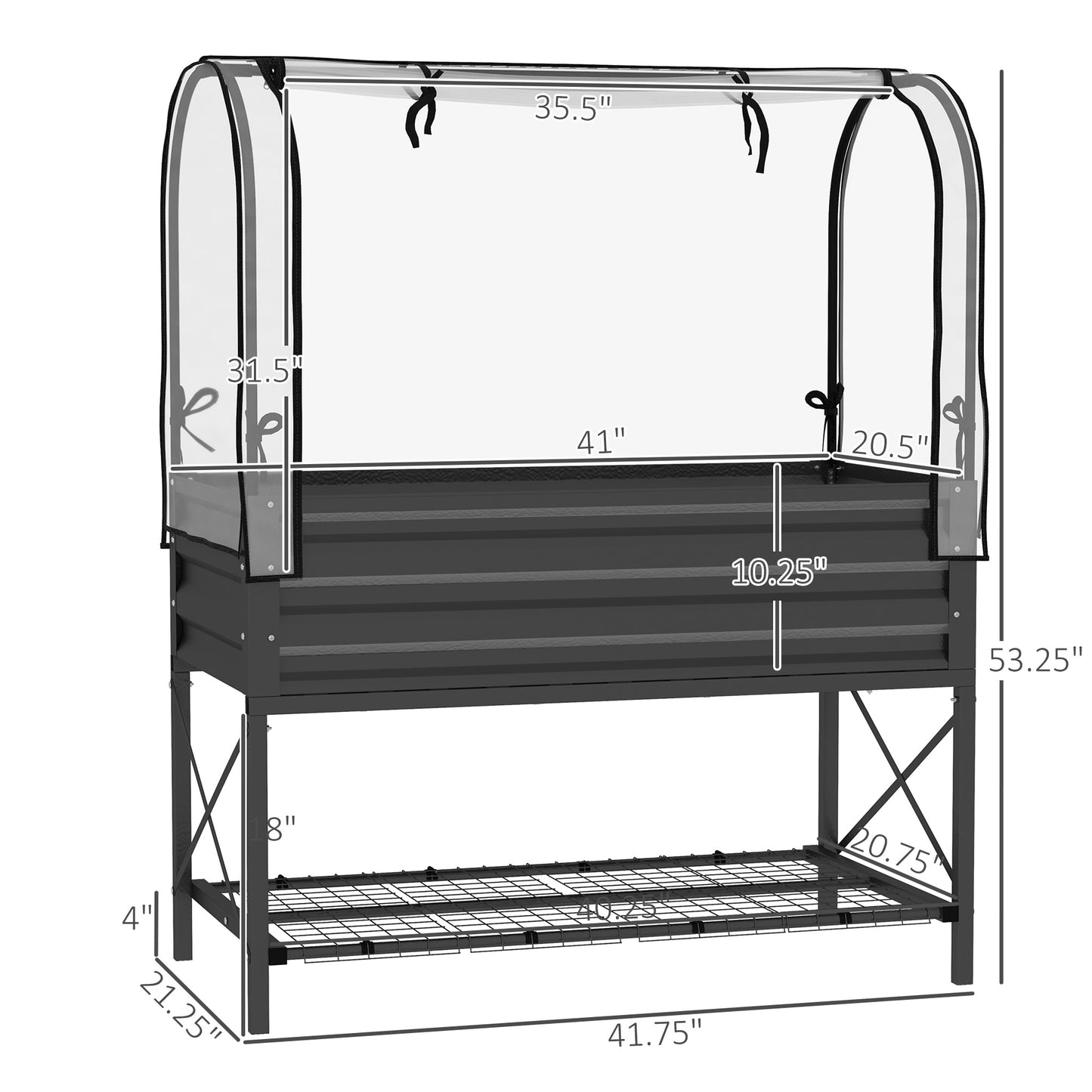 Raised Garden Bed with Cover and Legs - Metal Elevated Planter Box, Black, 1180x370x95mm