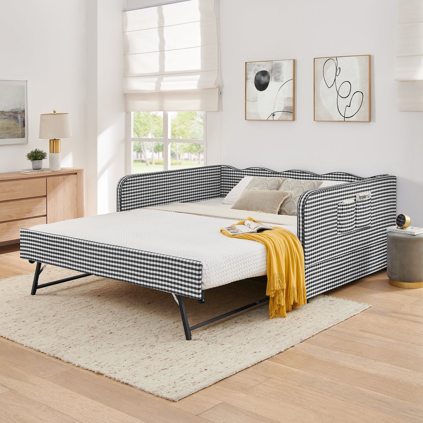 Full-Size Gingham Upholstered Daybed with Trundle & Storage - Black