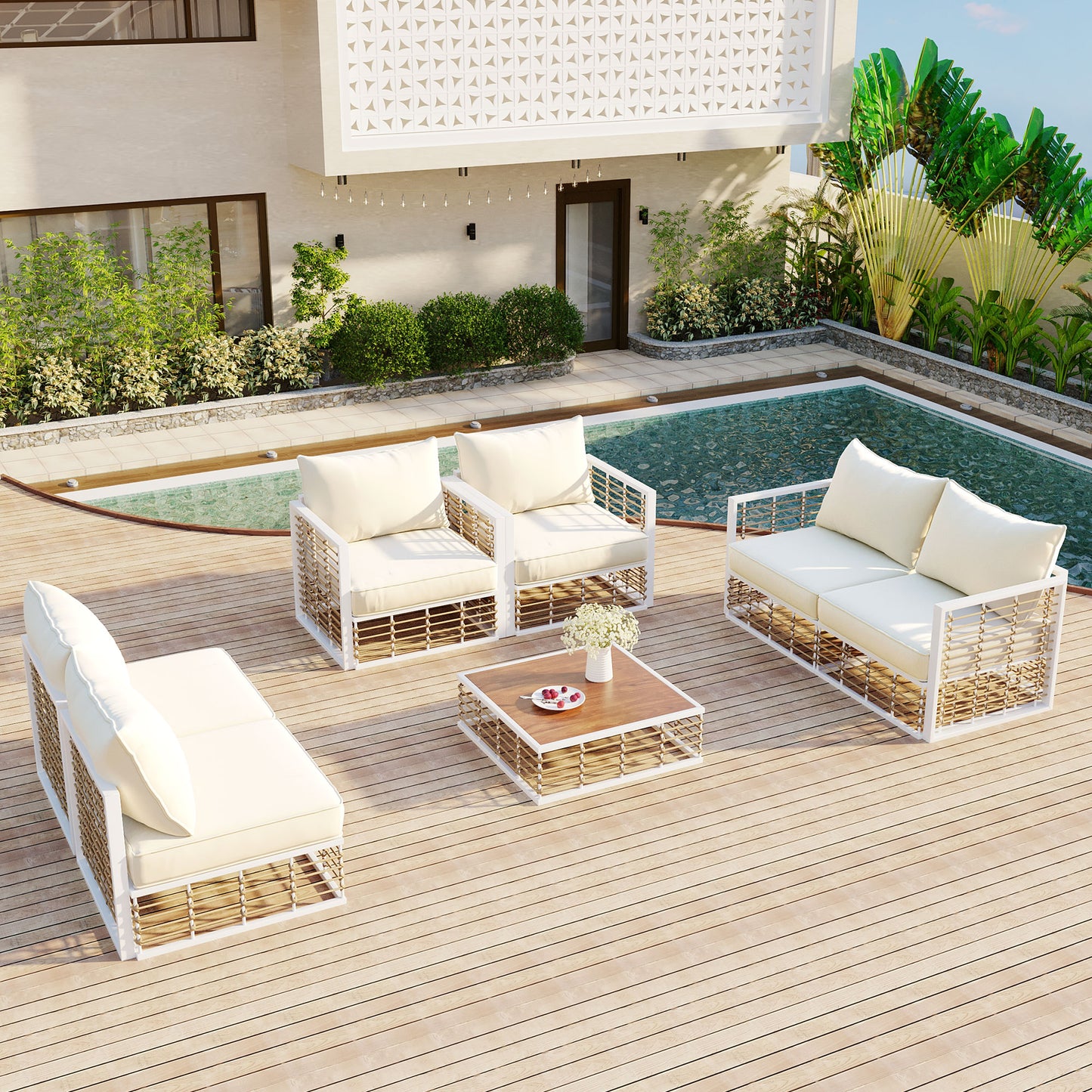 Modern Minimalist 7-Piece Metal Patio Sectional Sofa Set - White