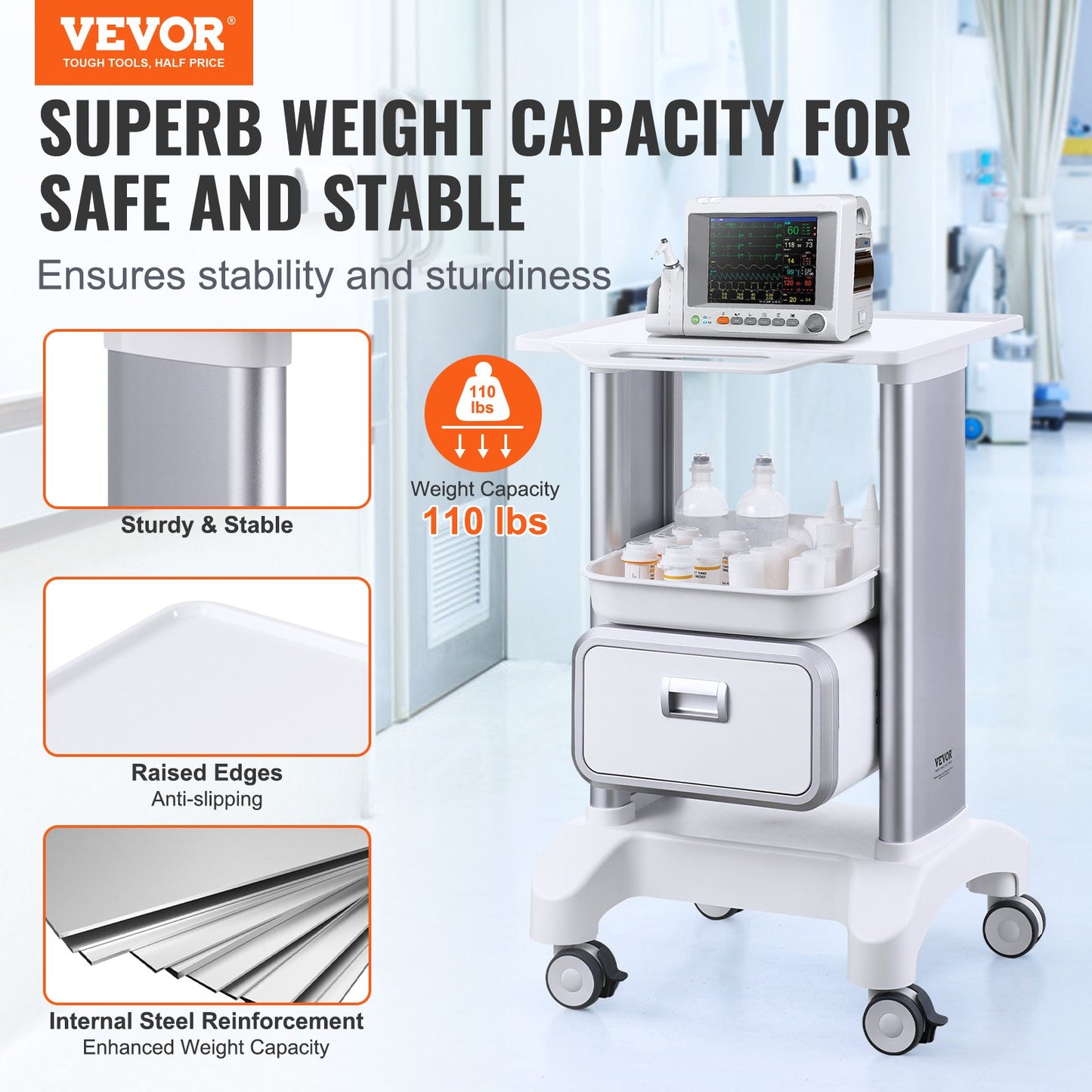 Mobile Medical Cart with Drawer & Top Tray - 2 Tiers, White