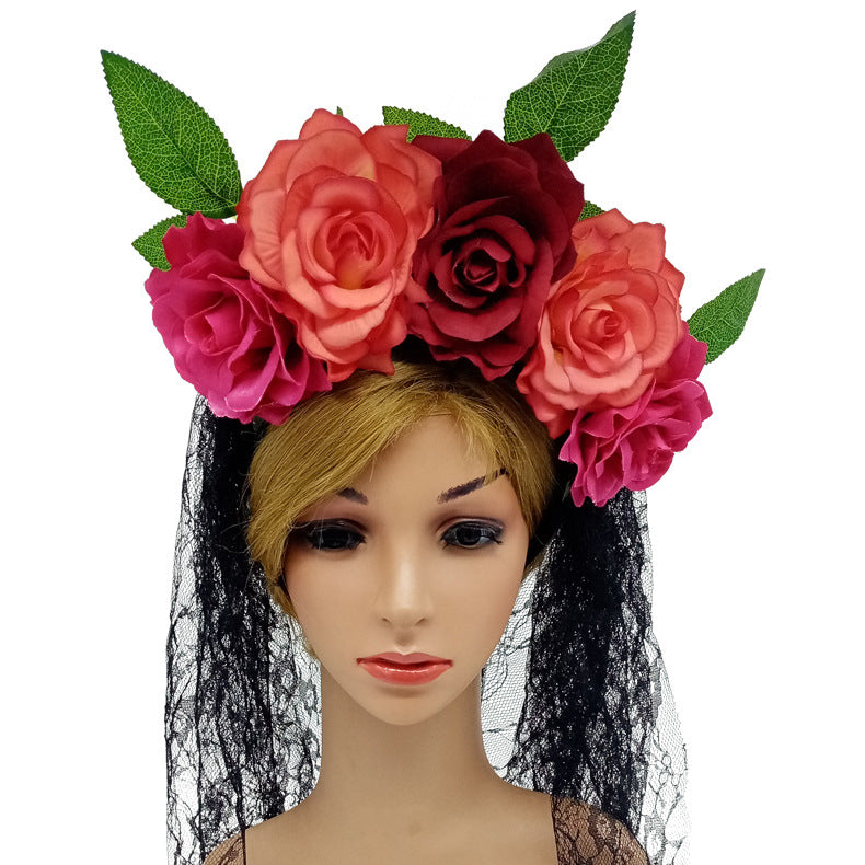 Artificial Rose Flower Headband with Lace Veil