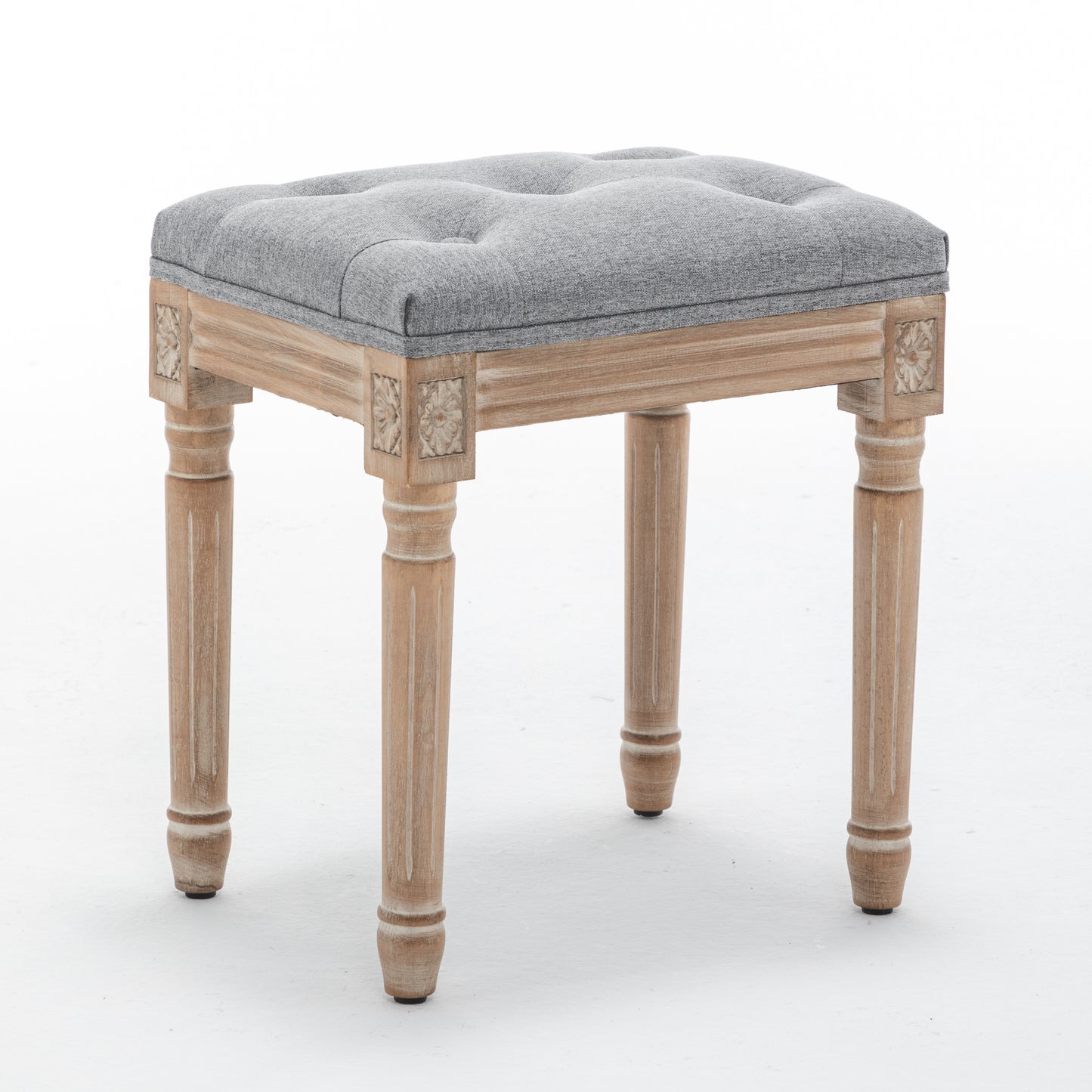 Grey Tufted Vanity Stool with Solid Wood Legs - Bedroom Bench