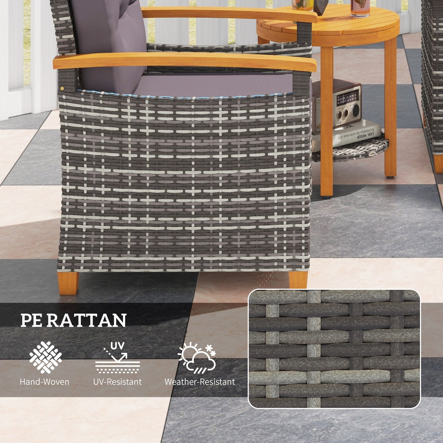 Outdoor Bistro Set with Cushions - Gray Wicker Patio Furniture