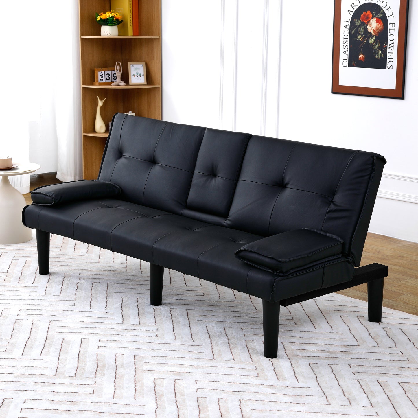 67-Inch Black PVC Multi-Functional Sofa Bed with Cup Holder