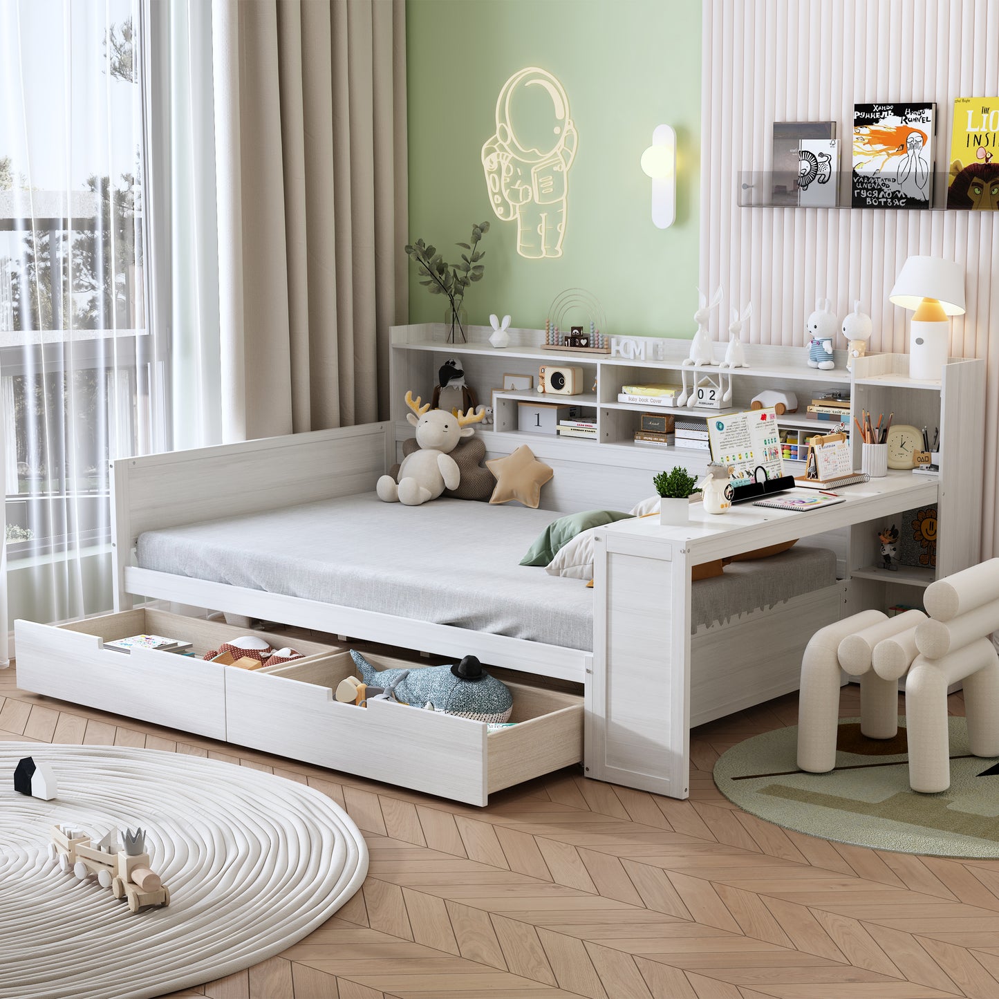 Wooden Full Size Daybed with Storage Drawers & Desk - Antique White