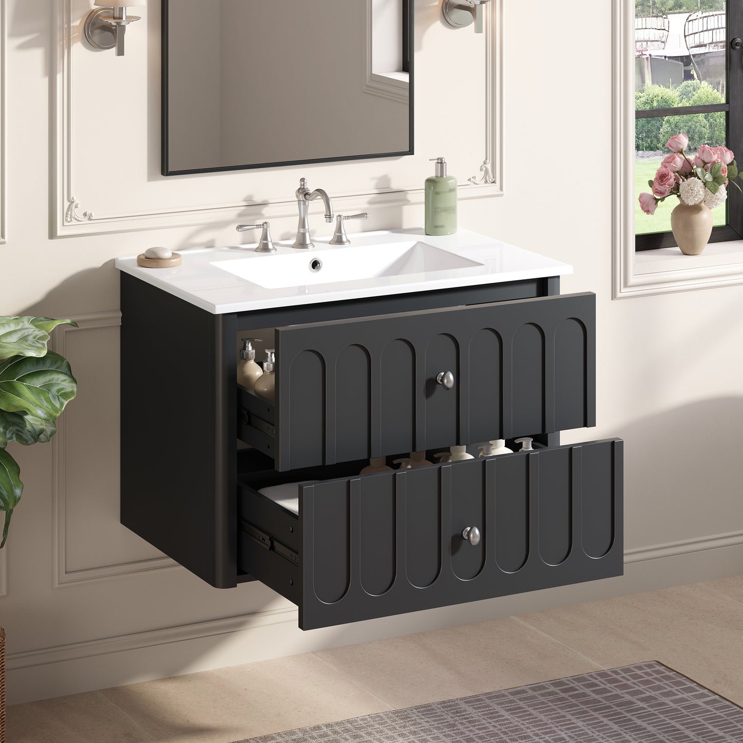 30 Modern Floating Bathroom Vanity With Oval Knobs & Round Edge,