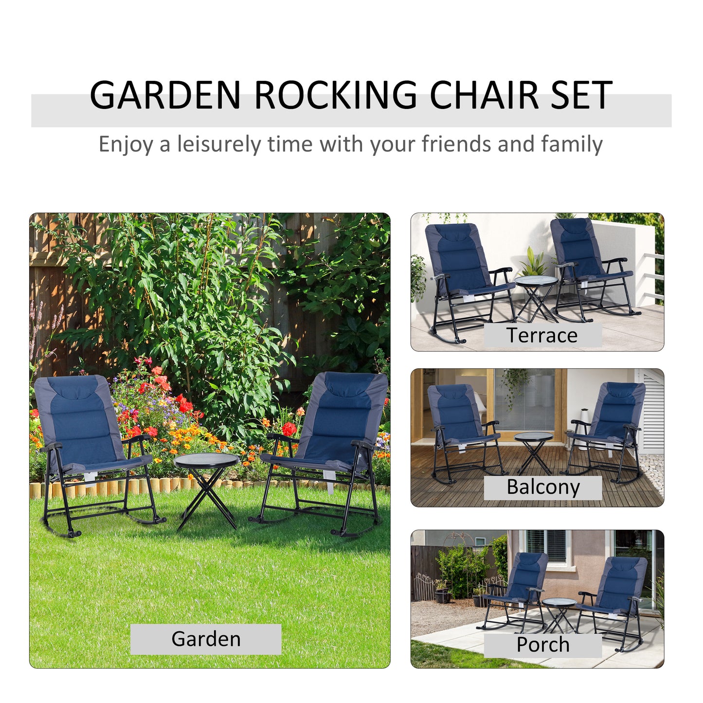 3 Piece Outdoor Folding Rocking Chair Set with Table - Blue & Gray