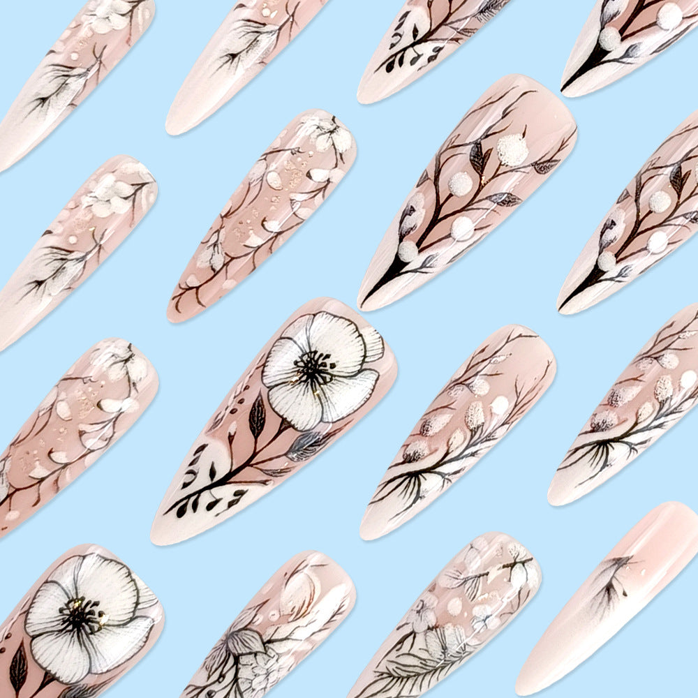 Women's Long Nail Art Patches Frost Flower Snow Set - Easy Nail Decor