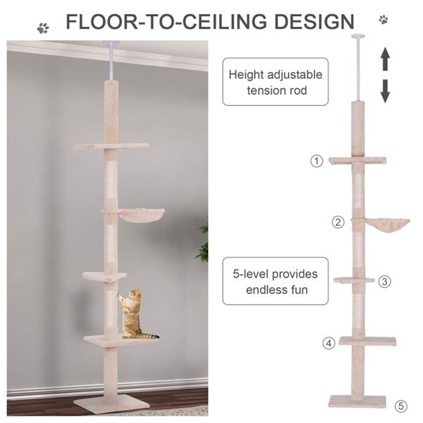 Wooden Cat Tree Tower with Multiple Platforms Adjustable Height Beige