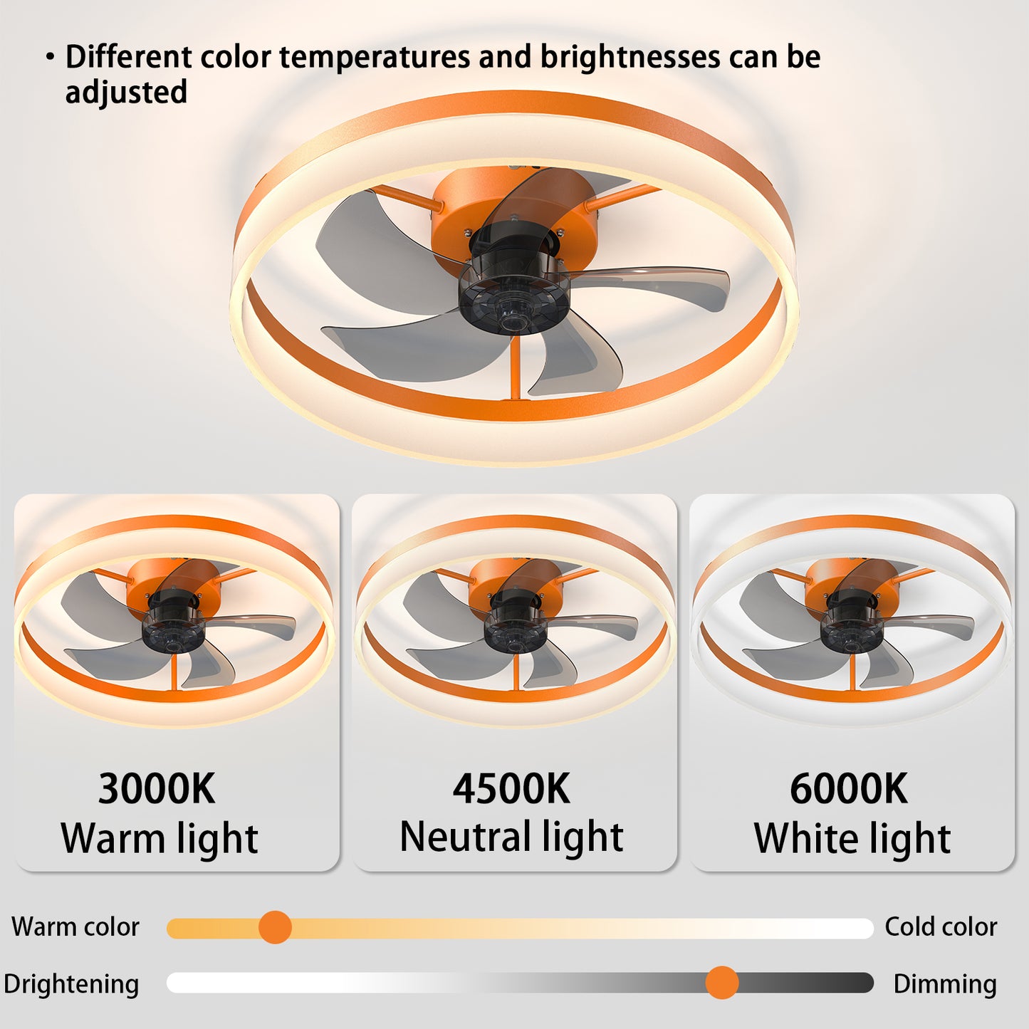 Dimmable LED Ceiling Fan with Lights - Thin Modern Design, Orange